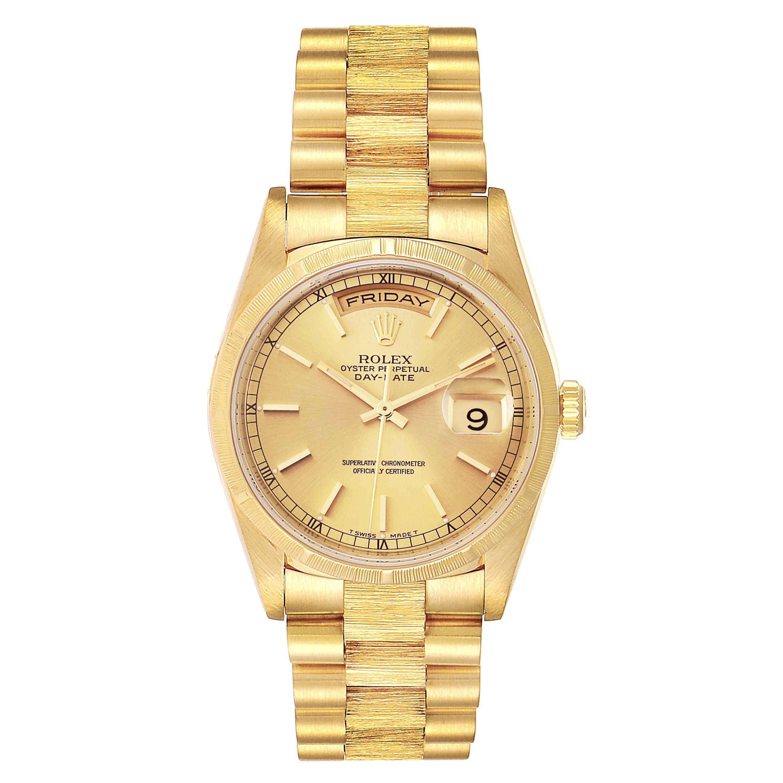 This Rolex President 18248 Men
s Yellow Gold Champagne Dial 18248 Men
s Yellow Gold Champagne Dial model watch is shown from the front, showcasing the dial, day/date display, and bracelet.