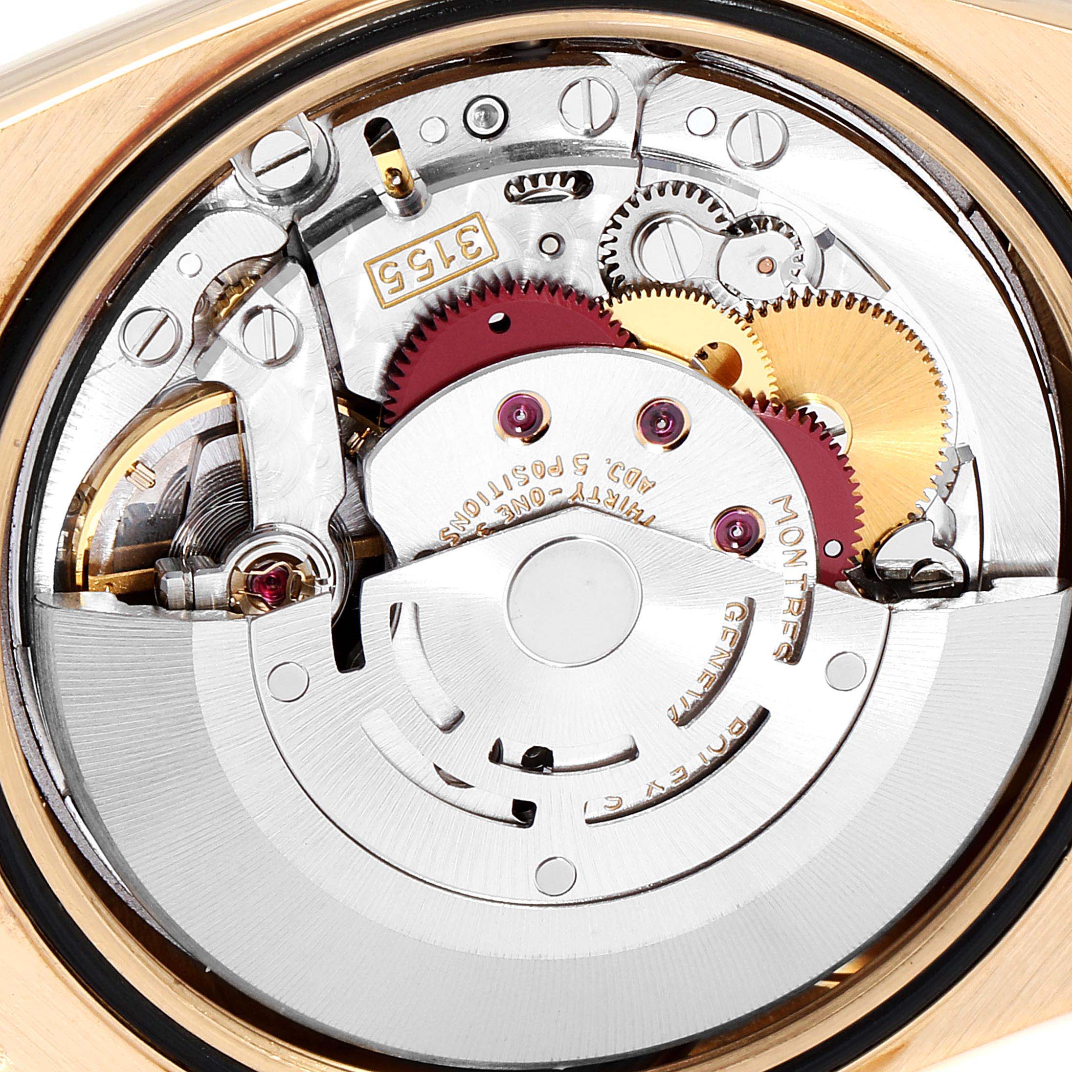 This is a close-up view of the internal movement components of a Rolex President 18248 Men
s Yellow Gold Champagne Dial 18248 Men
s Yellow Gold Champagne Dial model watch.