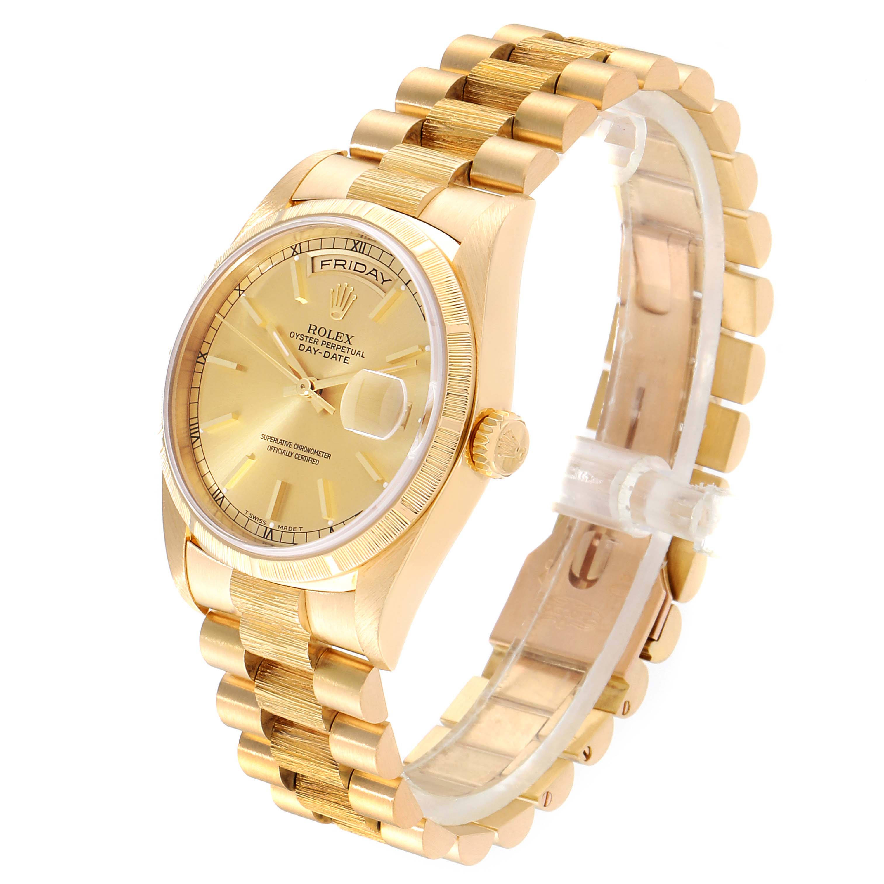 The image shows a side view of a Rolex President 18248 Men
s Yellow Gold Champagne Dial 18248 Men
s Yellow Gold Champagne Dial model watch, including its gold bracelet, case, crown, and dial.