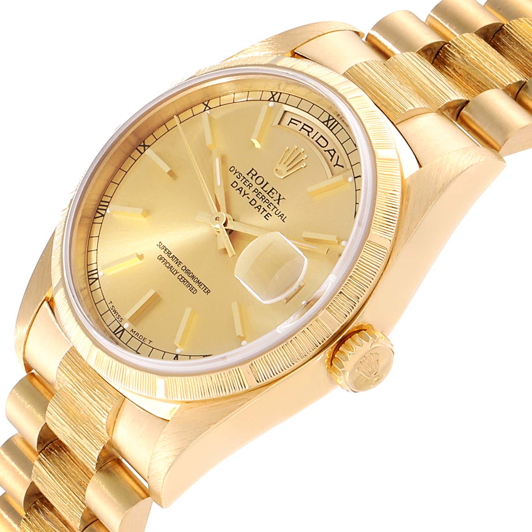 The image shows a close-up, angled view of the Rolex President 18248 Men
s Yellow Gold Champagne Dial 18248 Men
s Yellow Gold Champagne Dial model watch, highlighting the dial, bezel, crown, and part of the bracelet.