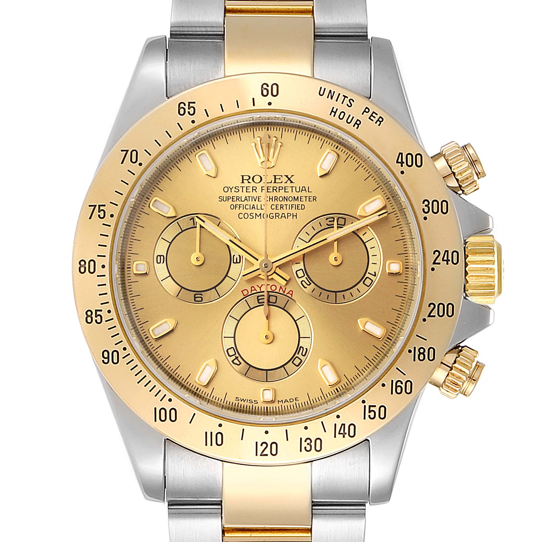 The image shows a frontal view of a Rolex Daytona 116523 Men
s Steel and Gold (two tone) Champagne Dial 116523 Men
s Steel and Gold (two tone) Champagne Dial watch, highlighting its gold dial, bezel, and chronograph sub-dials.