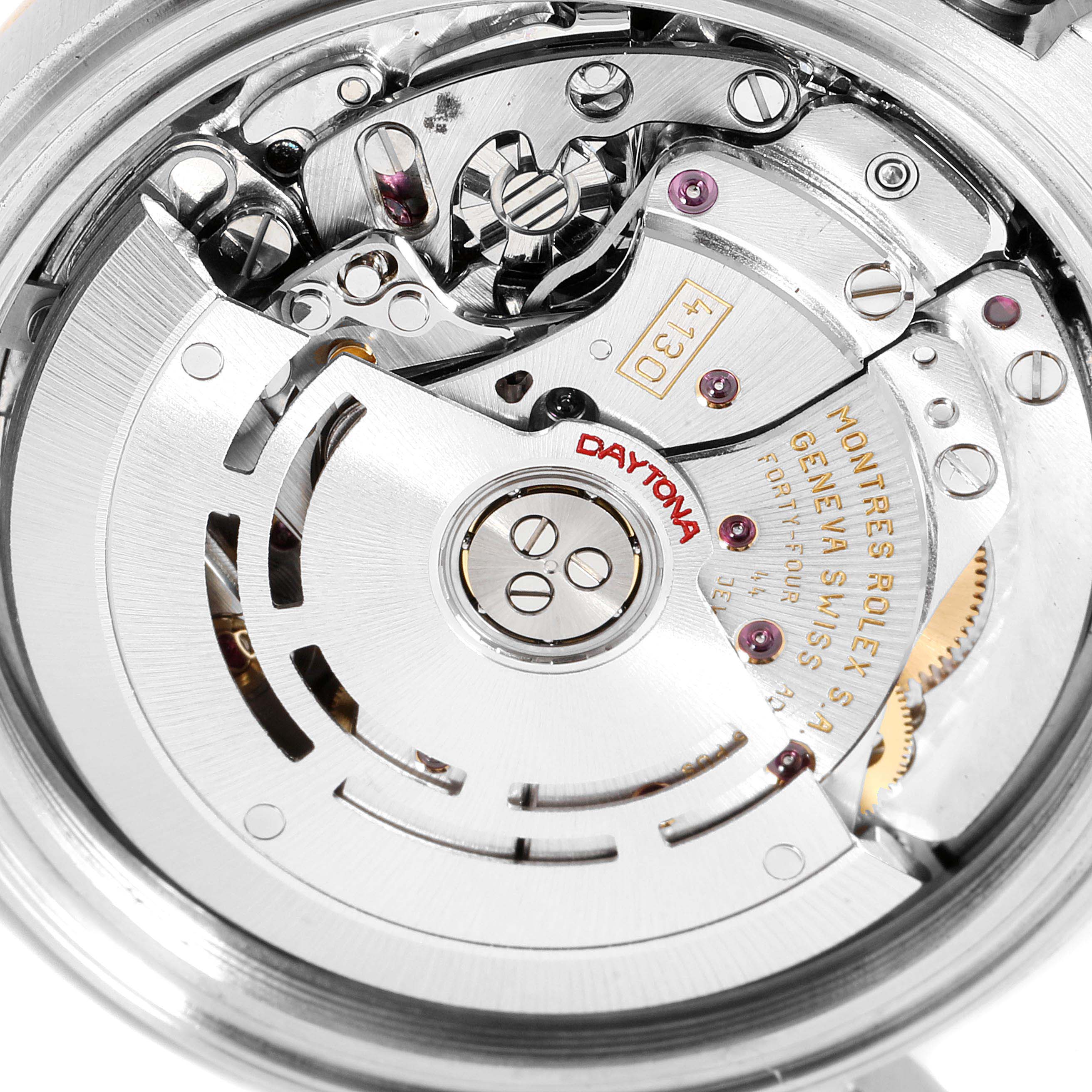 This image shows the intricate inner mechanics and movement of a Rolex Daytona 116523 Men
s Steel and Gold (two tone) Champagne Dial 116523 Men
s Steel and Gold (two tone) Champagne Dial watch viewed from the case back.