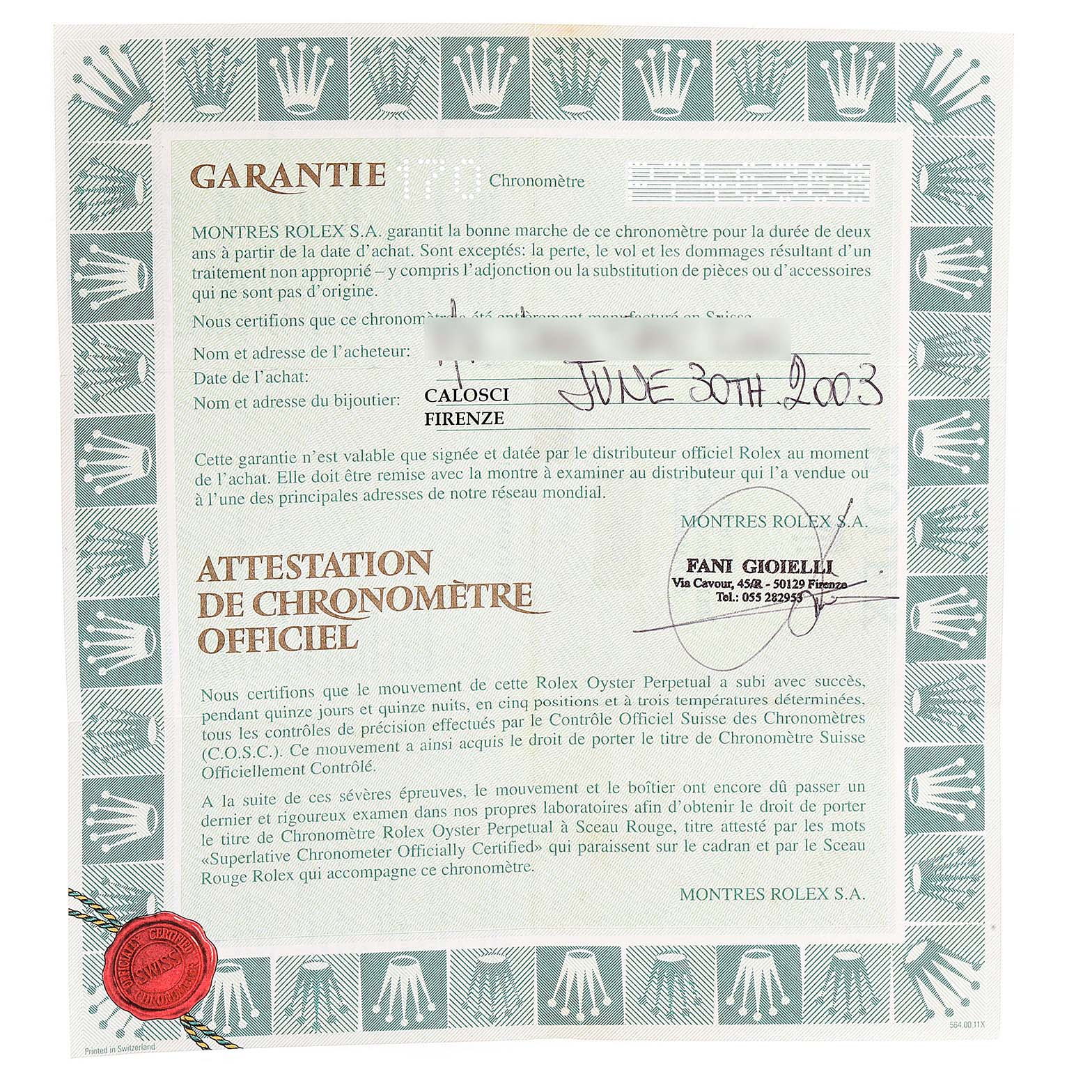 This image shows the guarantee certificate for the Rolex Daytona 116523 Men
s Steel and Gold (two tone) Champagne Dial 116523 Men
s Steel and Gold (two tone) Champagne Dial model from June 30th, 2003.