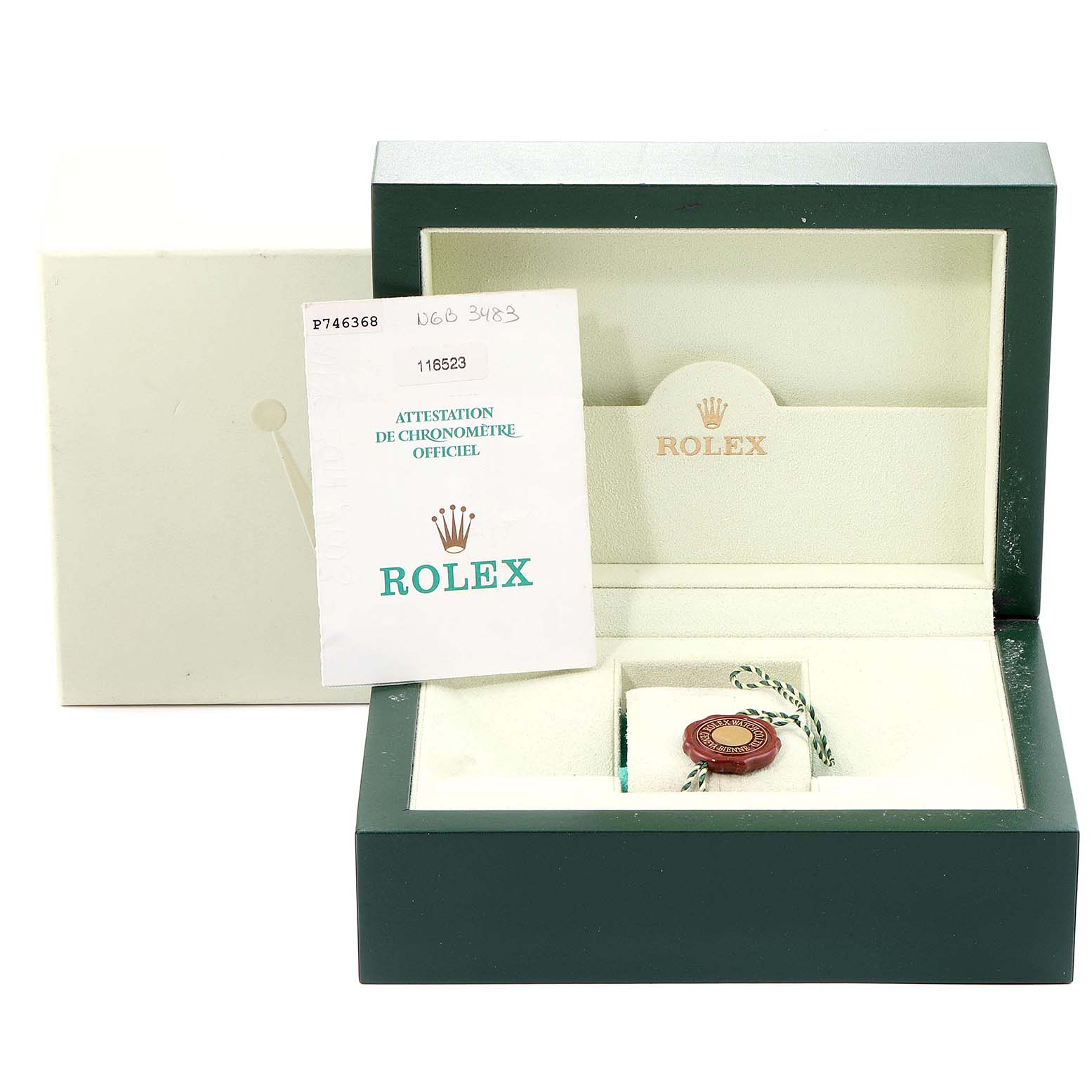 The image shows a Rolex Daytona 116523 Men
s Steel and Gold (two tone) Champagne Dial 116523 Men
s Steel and Gold (two tone) Champagne Dial packaging, including the watch box, official chronometer certification, and a tag.