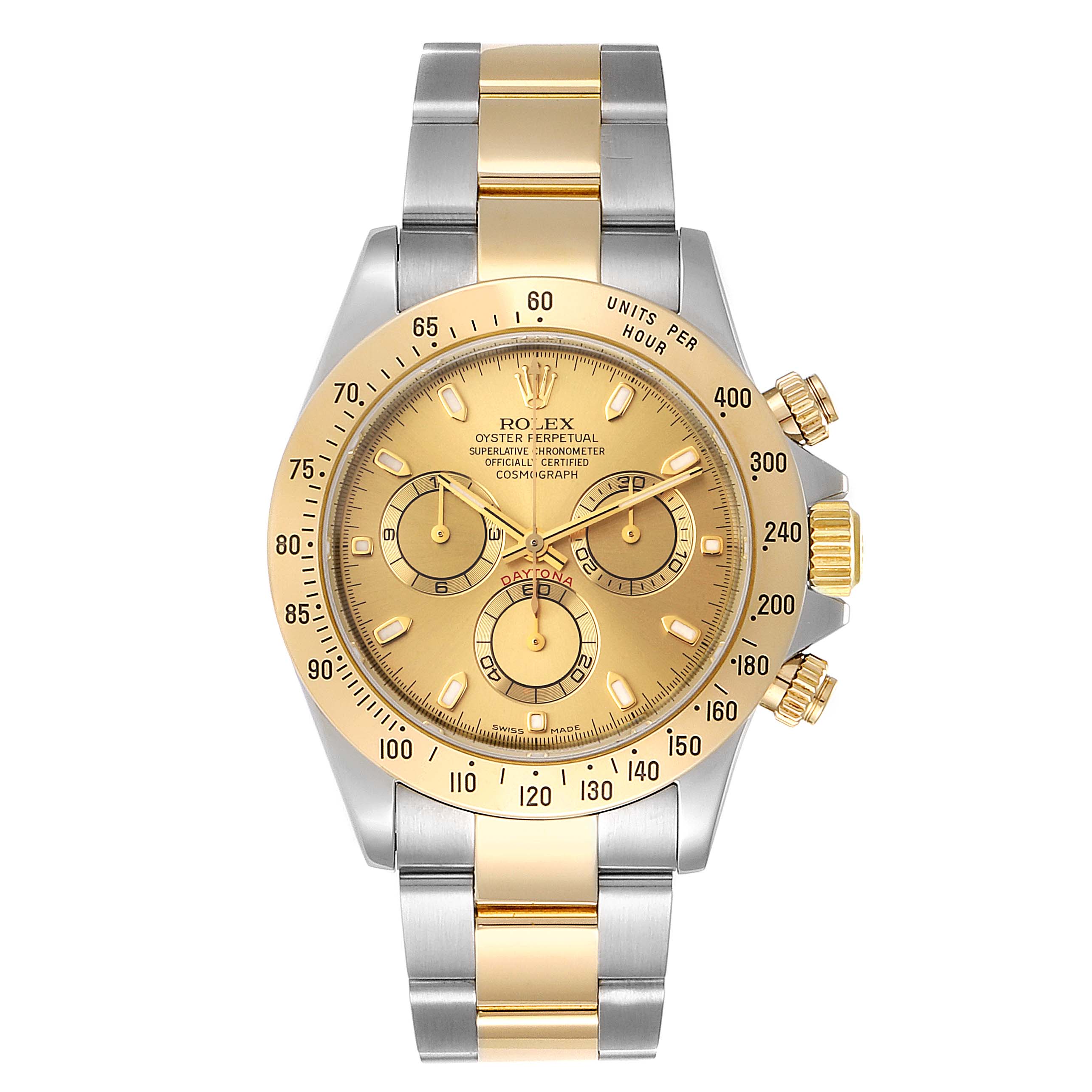 The image shows a front view of the Rolex Daytona 116523 Men
s Steel and Gold (two tone) Champagne Dial 116523 Men
s Steel and Gold (two tone) Champagne Dial watch, highlighting its gold dial, bezel, and two-tone metal bracelet.