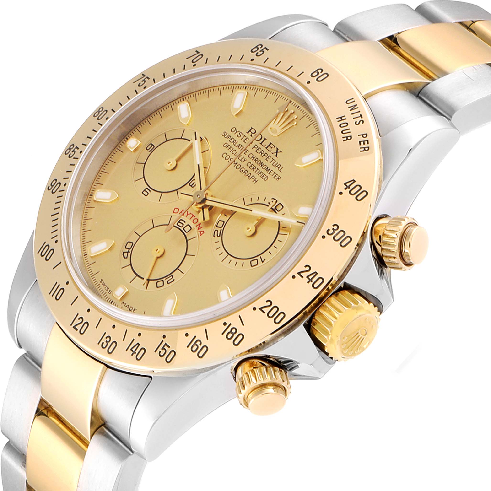 This close-up angle shows the face, bezel, chronograph dials, crown, and part of the bracelet of the Rolex Daytona 116523 Men
s Steel and Gold (two tone) Champagne Dial 116523 Men
s Steel and Gold (two tone) Champagne Dial.
