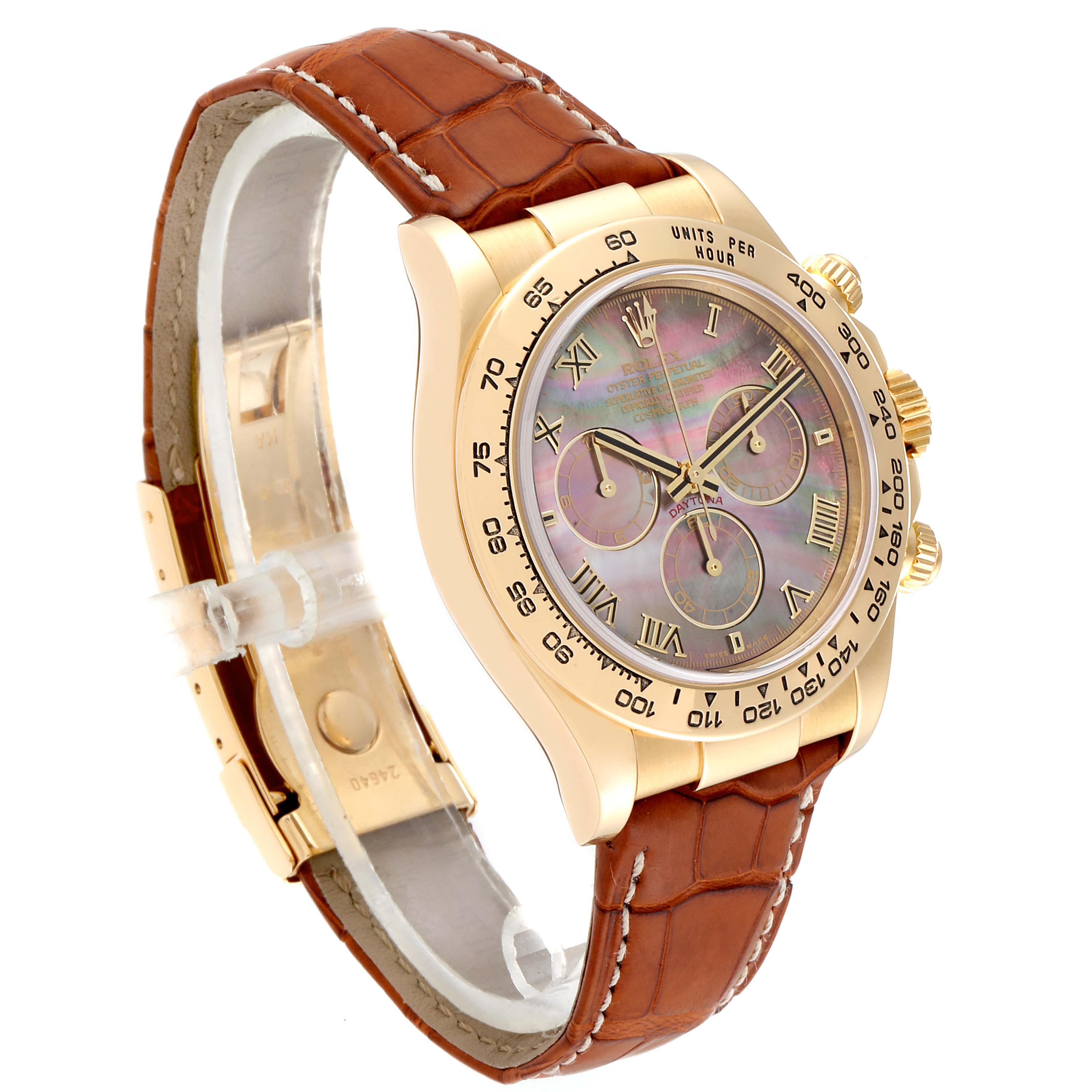 This image shows a Rolex Daytona 116518 Men's Yellow Gold Mother of Pearl Dial 116518 Men's Yellow Gold Mother of Pearl Dial watch at a three-quarter angle, highlighting its gold case, brown leather strap, and chronograph dials.