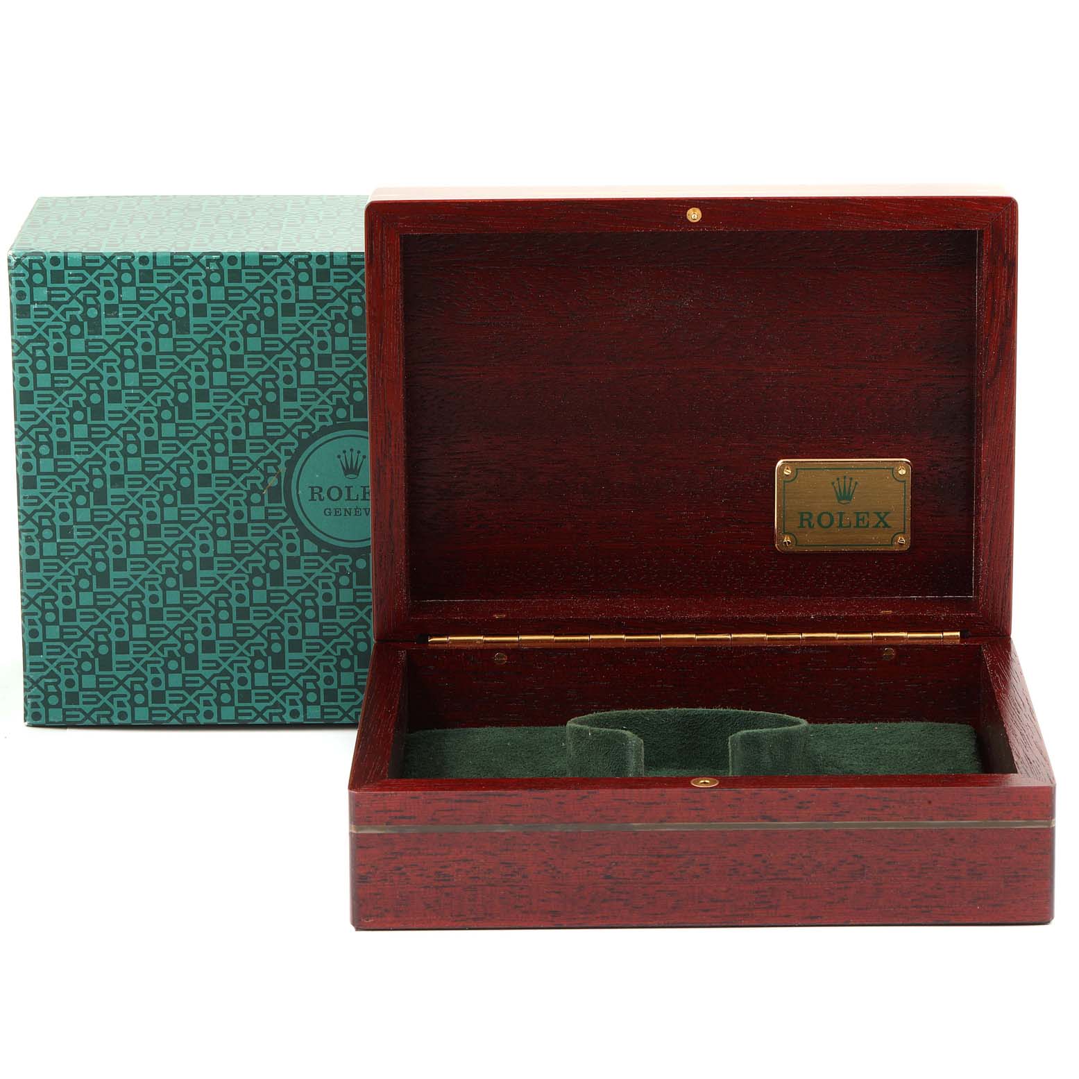 This image shows an open Rolex Daytona 116518 Men's Yellow Gold Mother of Pearl Dial 116518 Men's Yellow Gold Mother of Pearl Dial watch box with a wooden exterior and green padded interior.