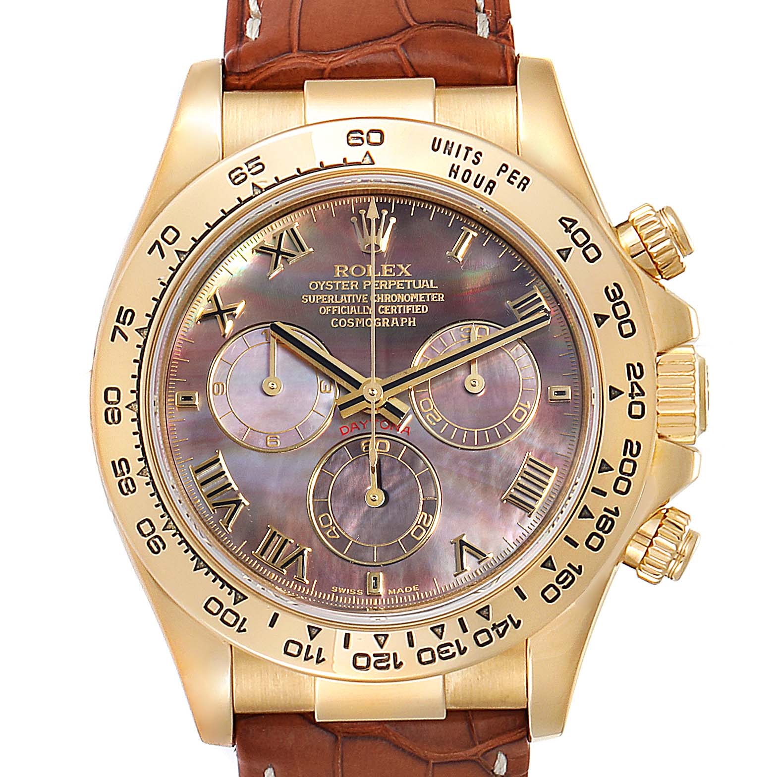 The image shows a front view of a Rolex Daytona 116518 Men's Yellow Gold Mother of Pearl Dial 116518 Men's Yellow Gold Mother of Pearl Dial watch, highlighting its dial, bezel, and leather strap.