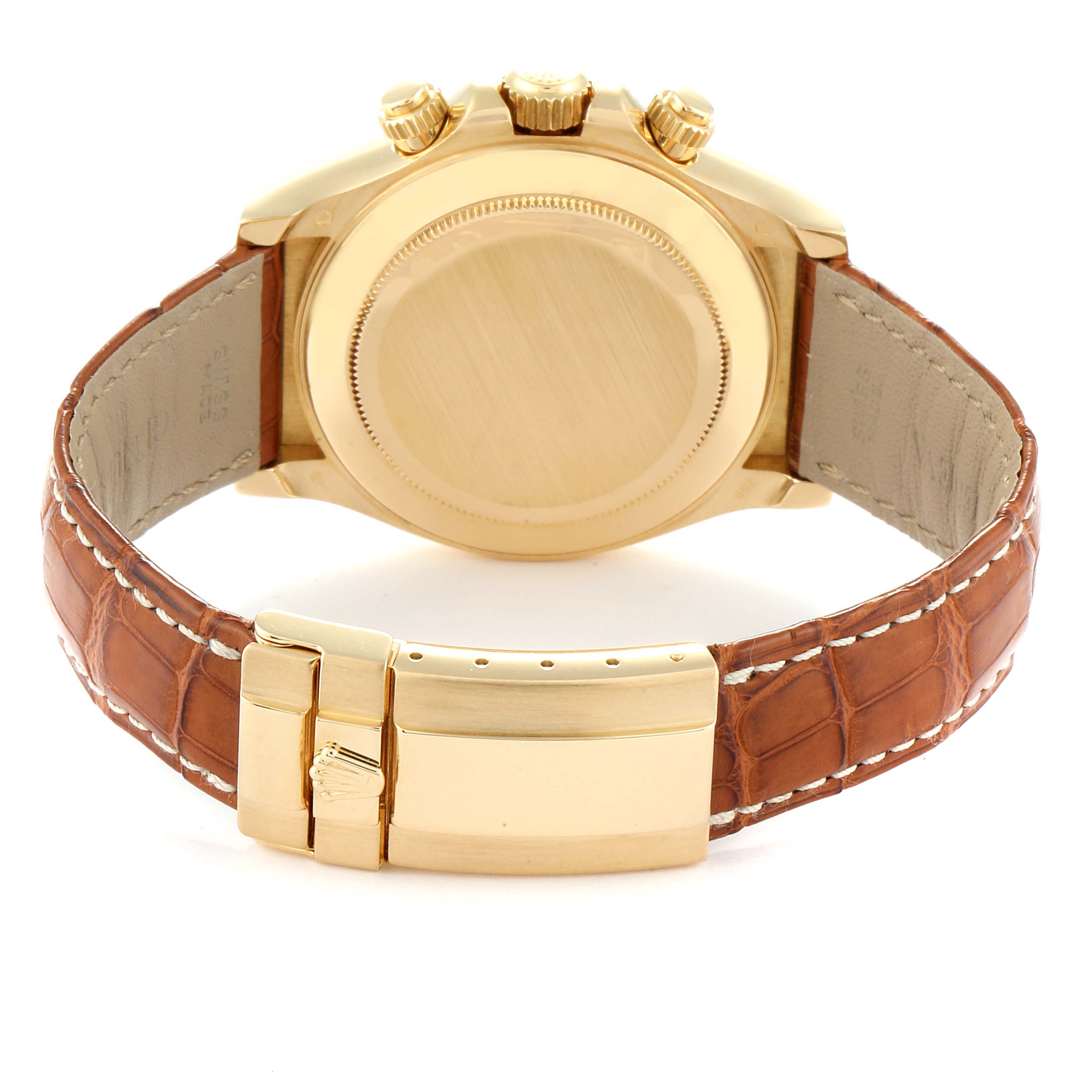 This image shows the back case and clasp of a Rolex Daytona 116518 Men's Yellow Gold Mother of Pearl Dial 116518 Men's Yellow Gold Mother of Pearl Dial watch, featuring a gold case and leather strap.