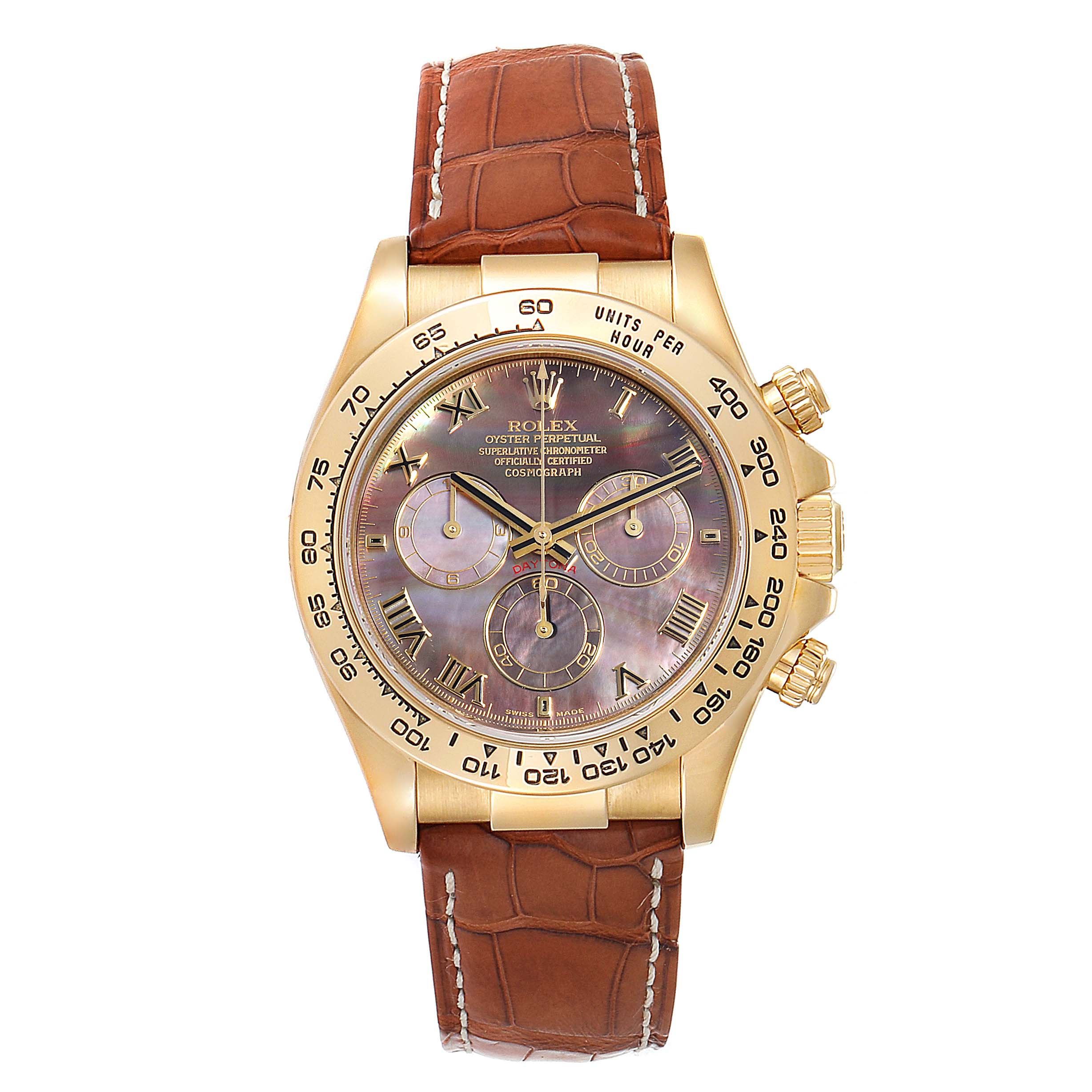 This image shows a Rolex Daytona 116518 Men's Yellow Gold Mother of Pearl Dial 116518 Men's Yellow Gold Mother of Pearl Dial watch, featuring a gold case, leather strap, tachymeter bezel, and a chronograph dial.
