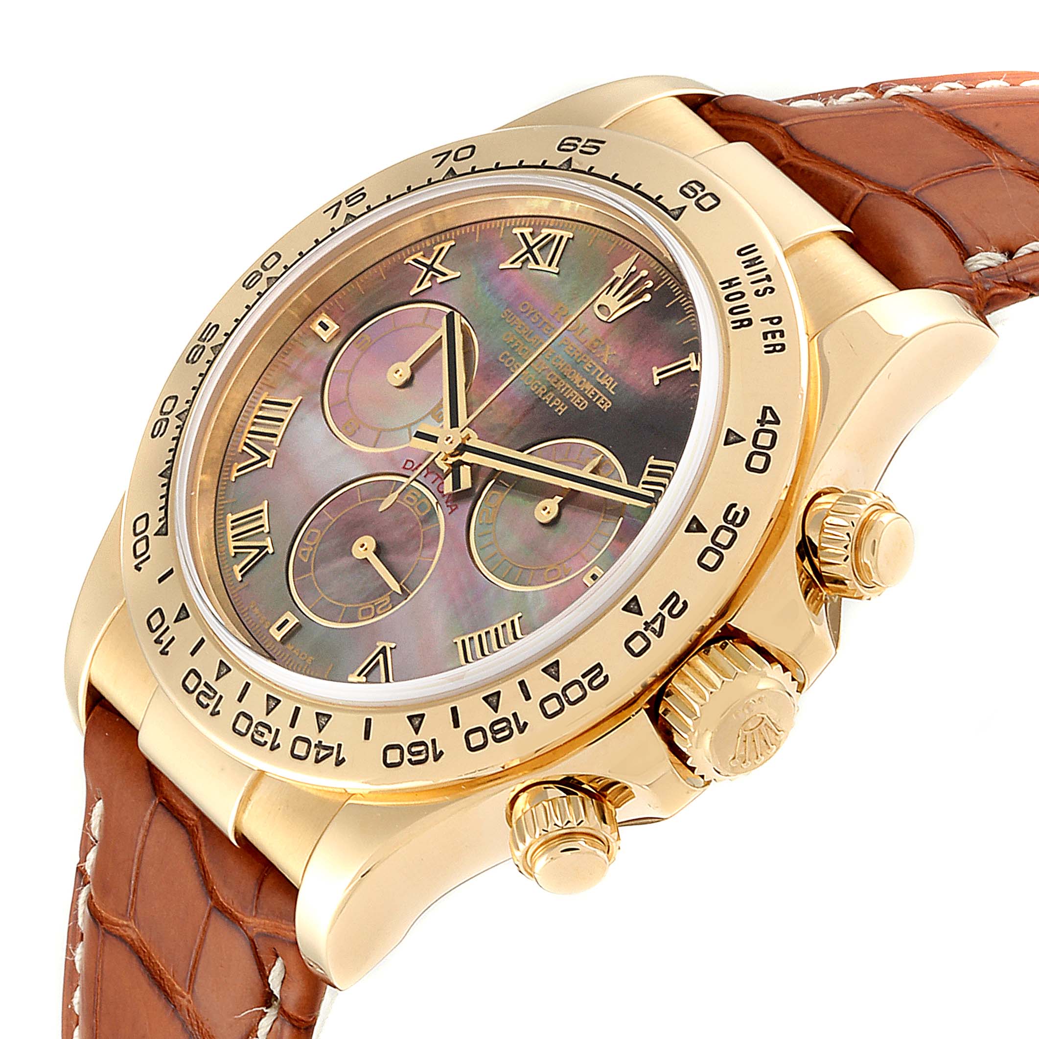 This image shows a Rolex Daytona 116518 Men's Yellow Gold Mother of Pearl Dial 116518 Men's Yellow Gold Mother of Pearl Dial watch at an angle that highlights its Roman numeral face, subdials, bezel markers, and brown leather strap.