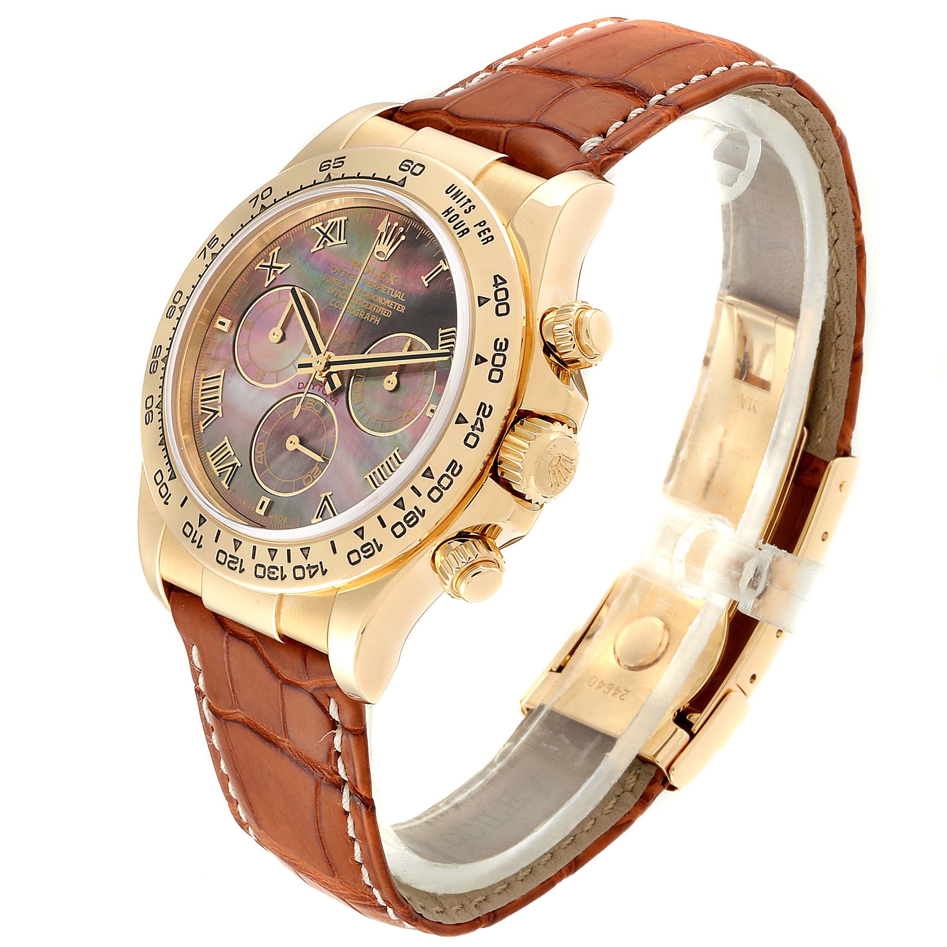 This image shows an angled side view of the Rolex Daytona 116518 Men's Yellow Gold Mother of Pearl Dial 116518 Men's Yellow Gold Mother of Pearl Dial watch, highlighting its face, bezel, buttons, and leather strap.