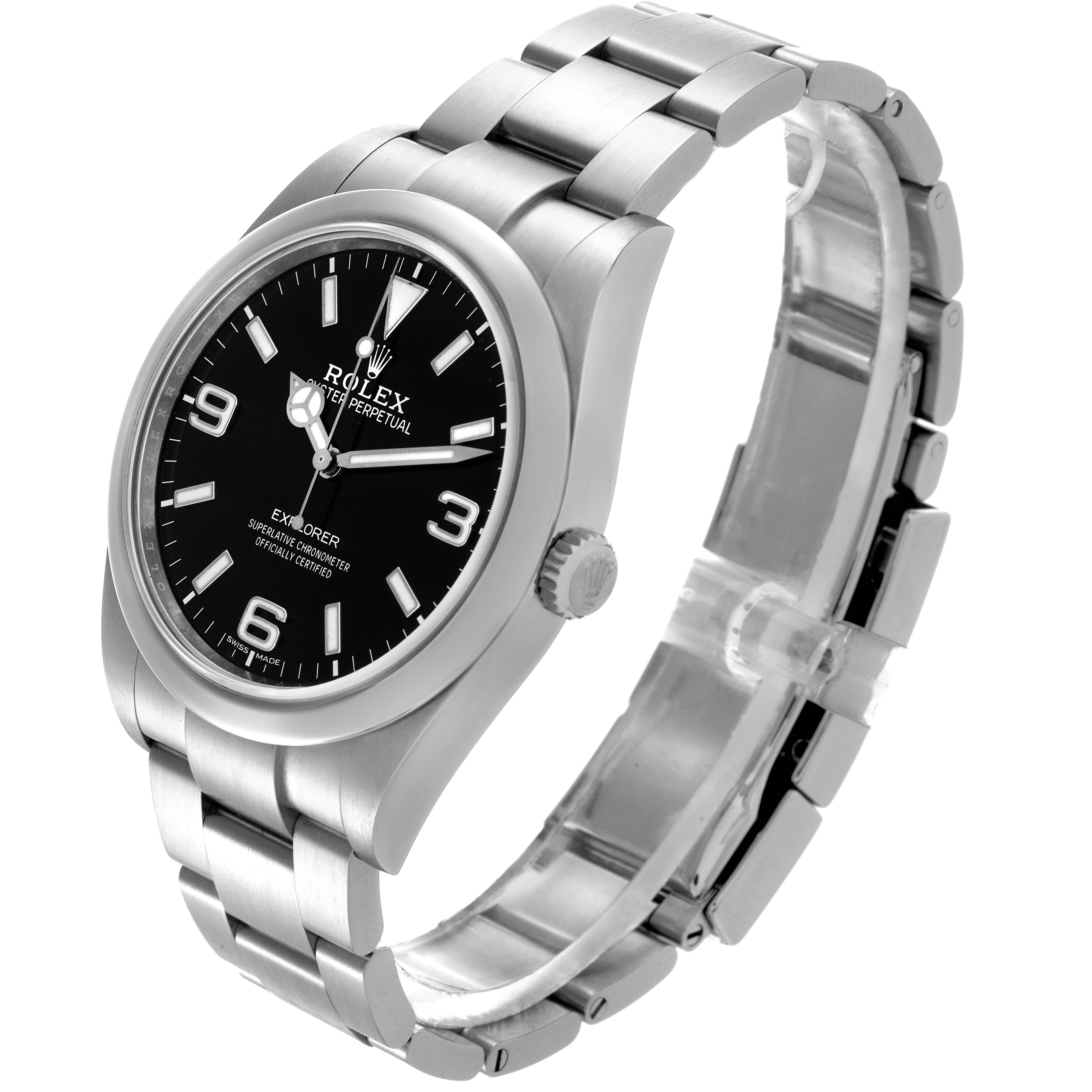 The Rolex Explorer 214270 Men
s Stainless Steel Black Dial 214270 Men
s Stainless Steel Black Dial watch is shown at a three-quarter angle, highlighting the dial, bracelet, and side crown.