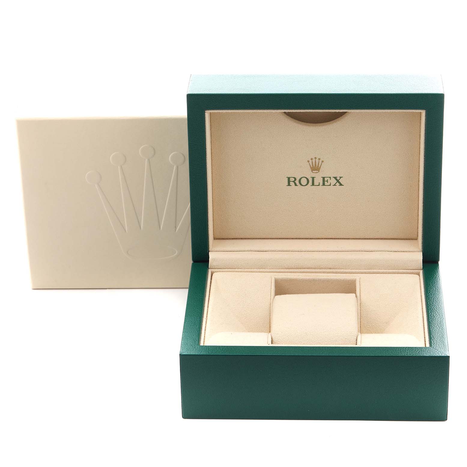 The image shows a Rolex Explorer 214270 Men
s Stainless Steel Black Dial 214270 Men
s Stainless Steel Black Dial watch box and cushion from a slightly elevated angle.