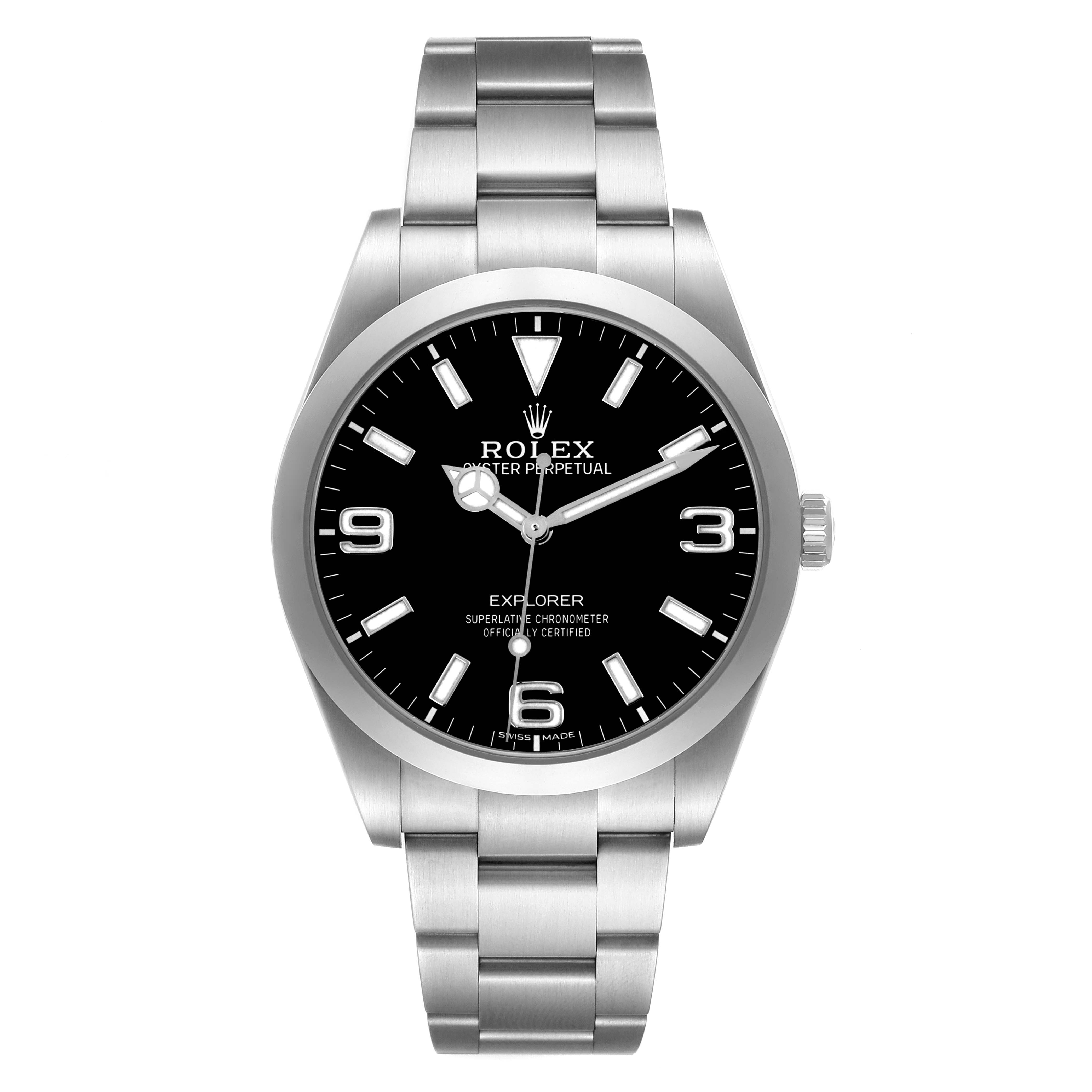 The Rolex Explorer 214270 Men
s Stainless Steel Black Dial 214270 Men
s Stainless Steel Black Dial watch is shown from a front angle, displaying its face, bezel, and stainless steel bracelet.