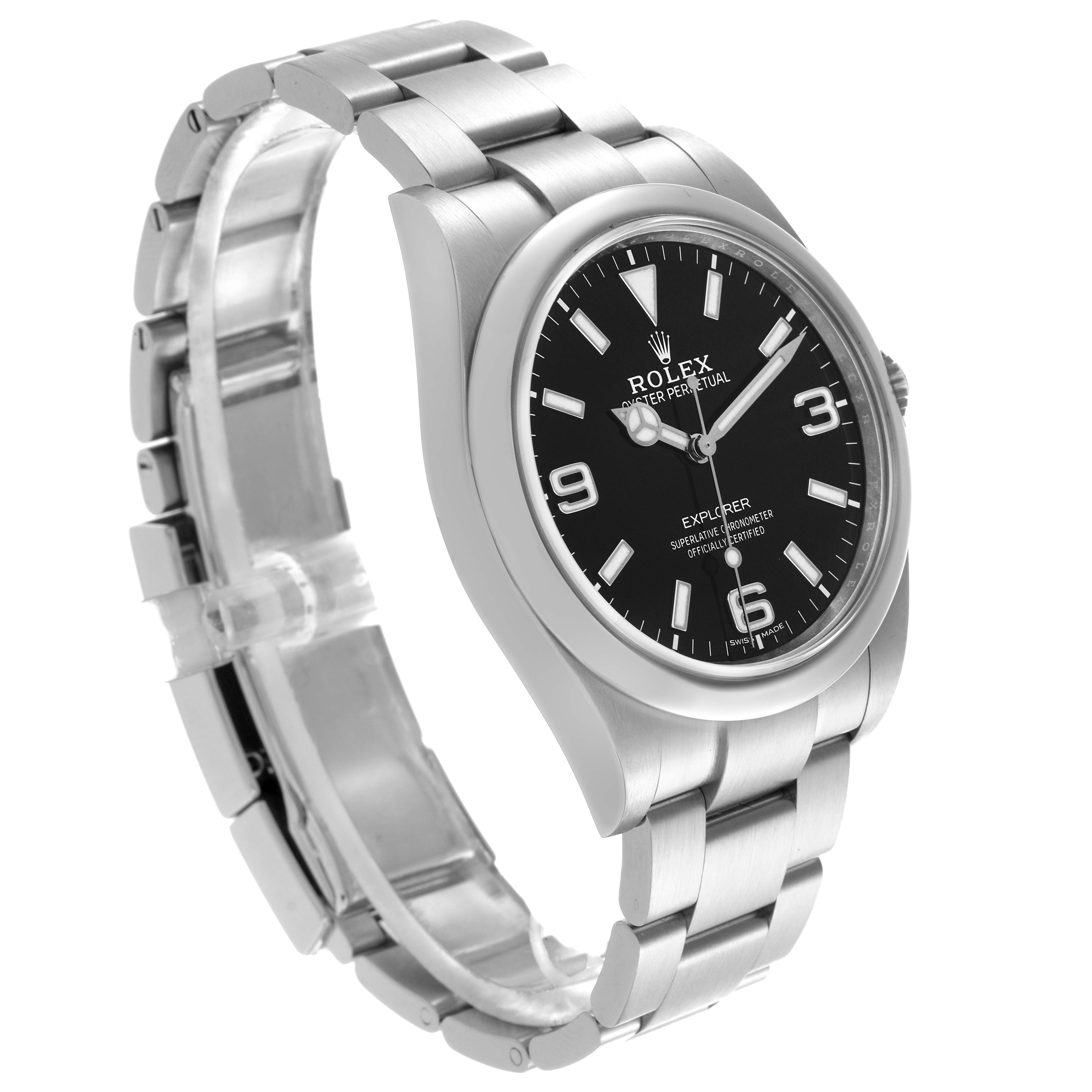 The Rolex Explorer 214270 Men
s Stainless Steel Black Dial 214270 Men
s Stainless Steel Black Dial watch is shown from an angled view, highlighting the face, bezel, and stainless steel bracelet.
