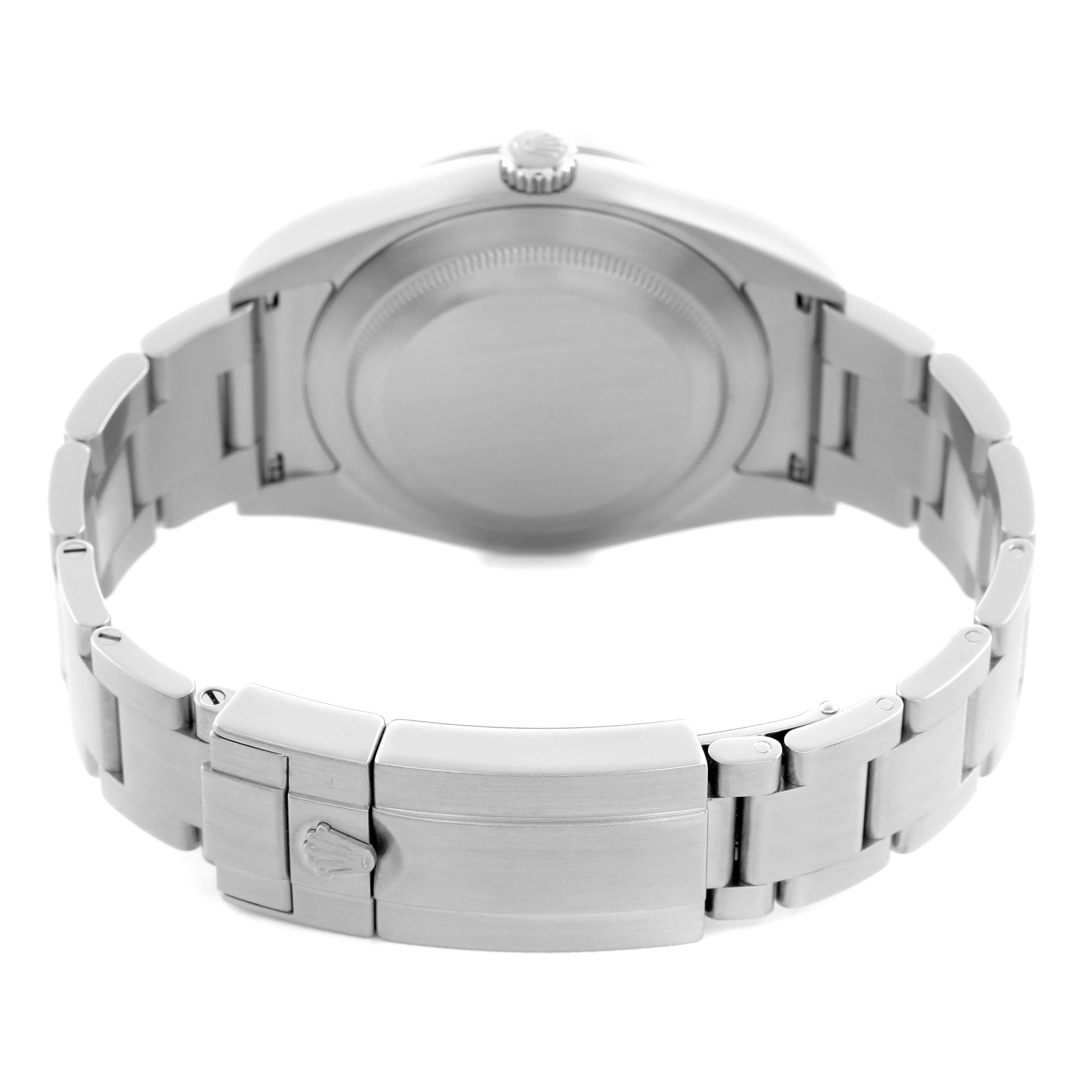 The image shows the back of the Rolex Explorer 214270 Men
s Stainless Steel Black Dial 214270 Men
s Stainless Steel Black Dial watch, highlighting the case back and stainless steel bracelet with the clasp.