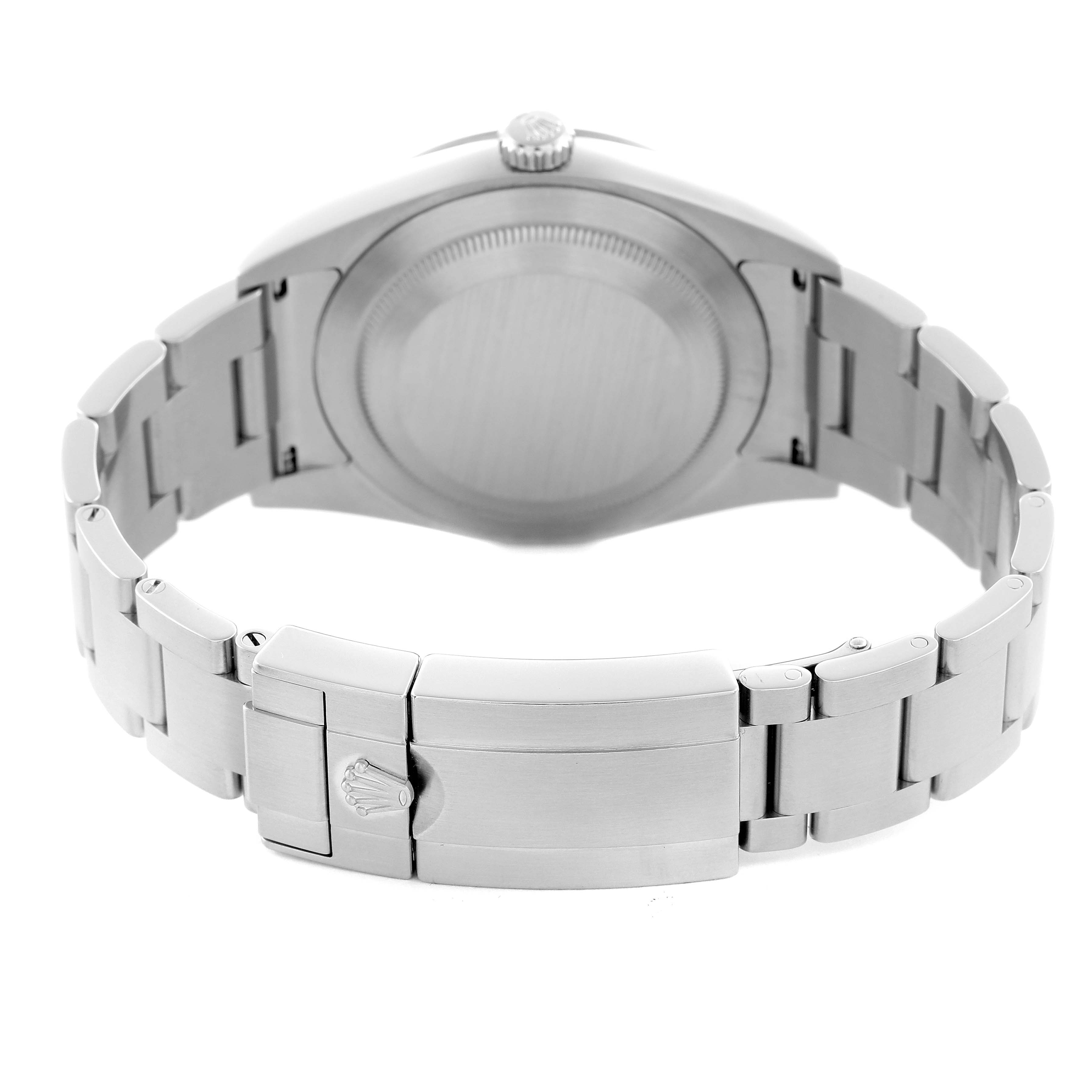 The image shows the back view of a Rolex Explorer 214270 Men
s Stainless Steel Black Dial 214270 Men
s Stainless Steel Black Dial, featuring the case back, bracelet, and clasp.