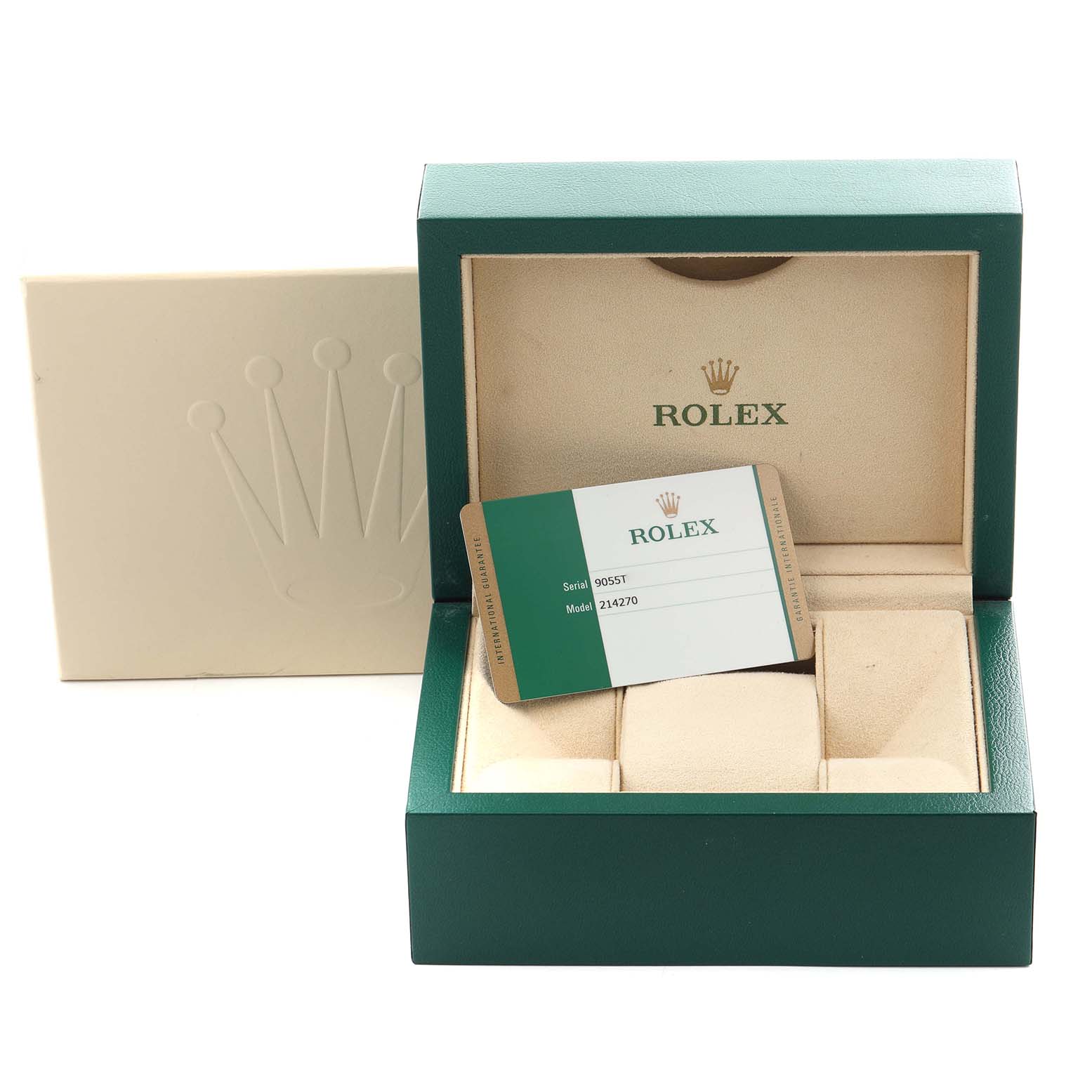 The image shows an open Rolex Explorer 214270 Men
s Stainless Steel Black Dial 214270 Men
s Stainless Steel Black Dial box at an angle with a warranty card inside.