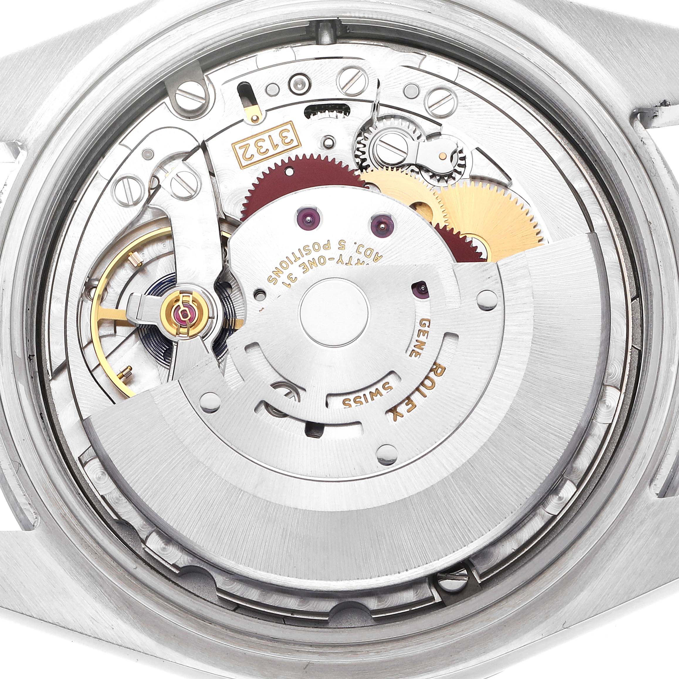 The image shows the movement of a Rolex Explorer 214270 Men
s Stainless Steel Black Dial 214270 Men
s Stainless Steel Black Dial watch, highlighting gears, the rotor, and other internal components from the back angle.