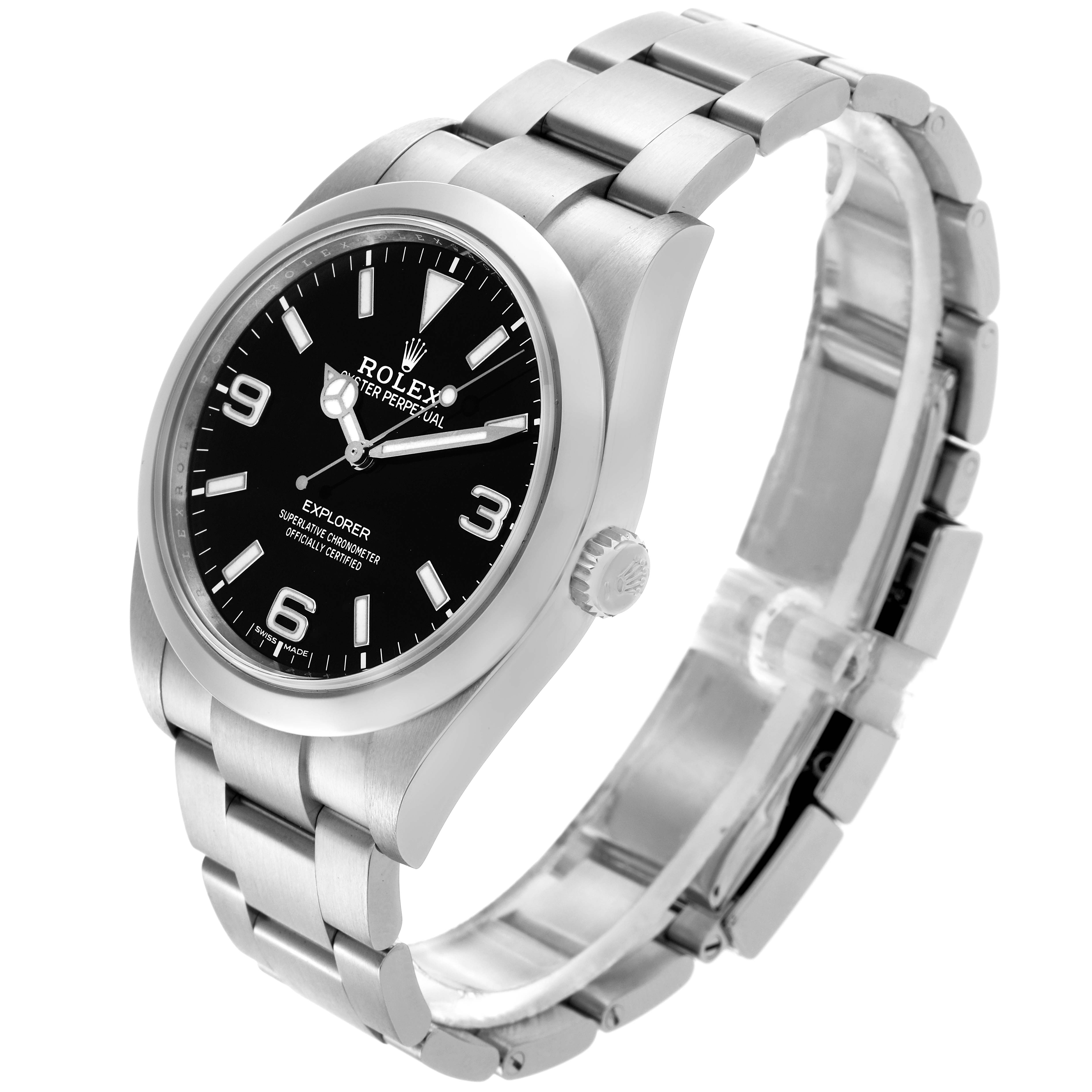 The Rolex Explorer 214270 Men
s Stainless Steel Black Dial 214270 Men
s Stainless Steel Black Dial watch is shown at an angled view, displaying the face, bezel, crown, and bracelet.