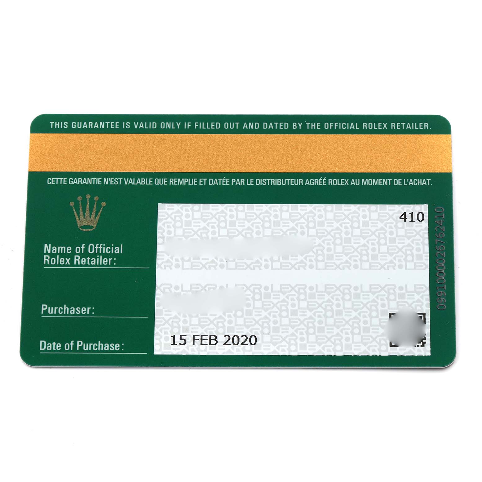 The image shows a Rolex Explorer 214270 Men
s Stainless Steel Black Dial 214270 Men
s Stainless Steel Black Dial model warranty card, with details like date of purchase.