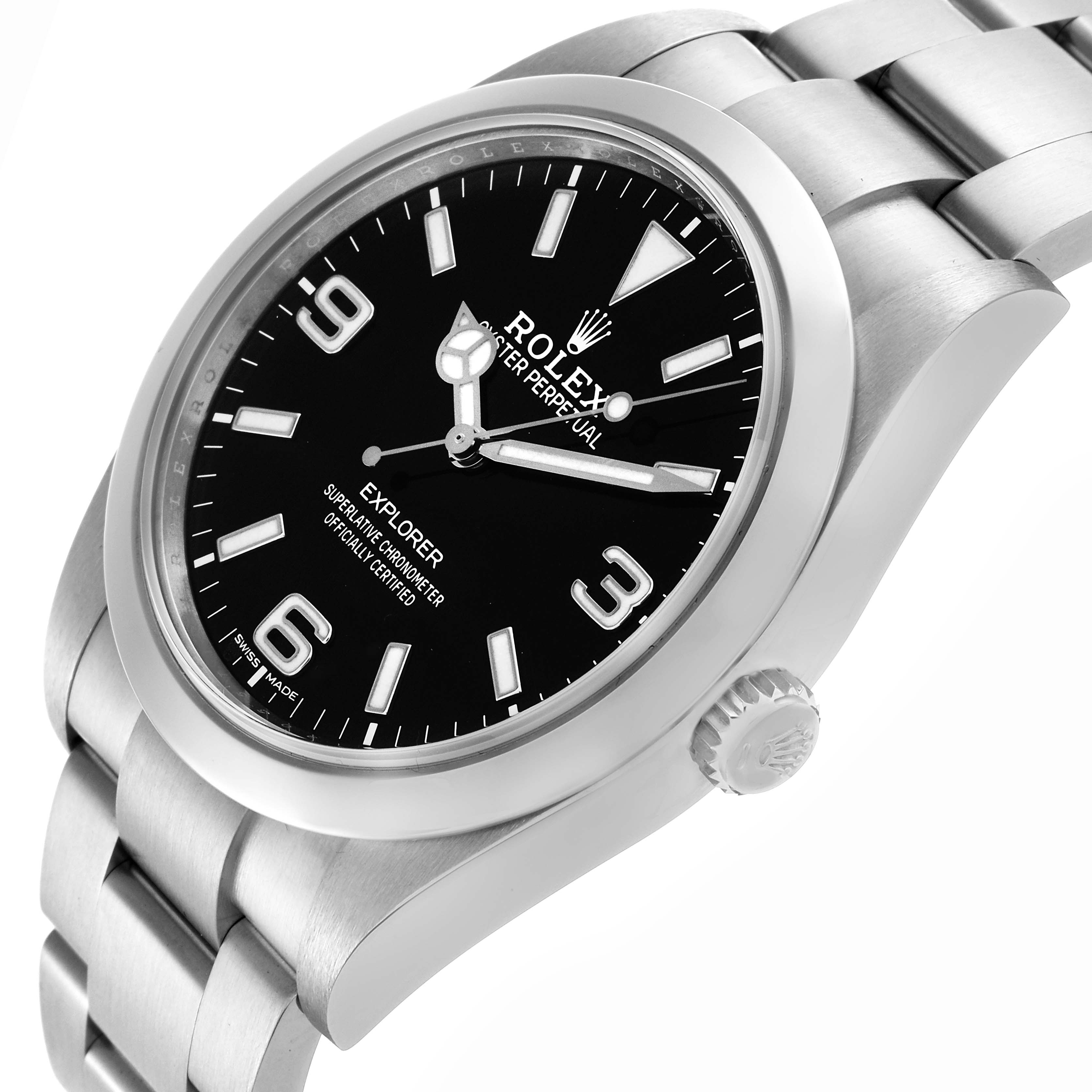 The Rolex Explorer 214270 Men
s Stainless Steel Black Dial 214270 Men
s Stainless Steel Black Dial watch is shown at a slight angle, highlighting the dial, bezel, crown, and part of the bracelet.