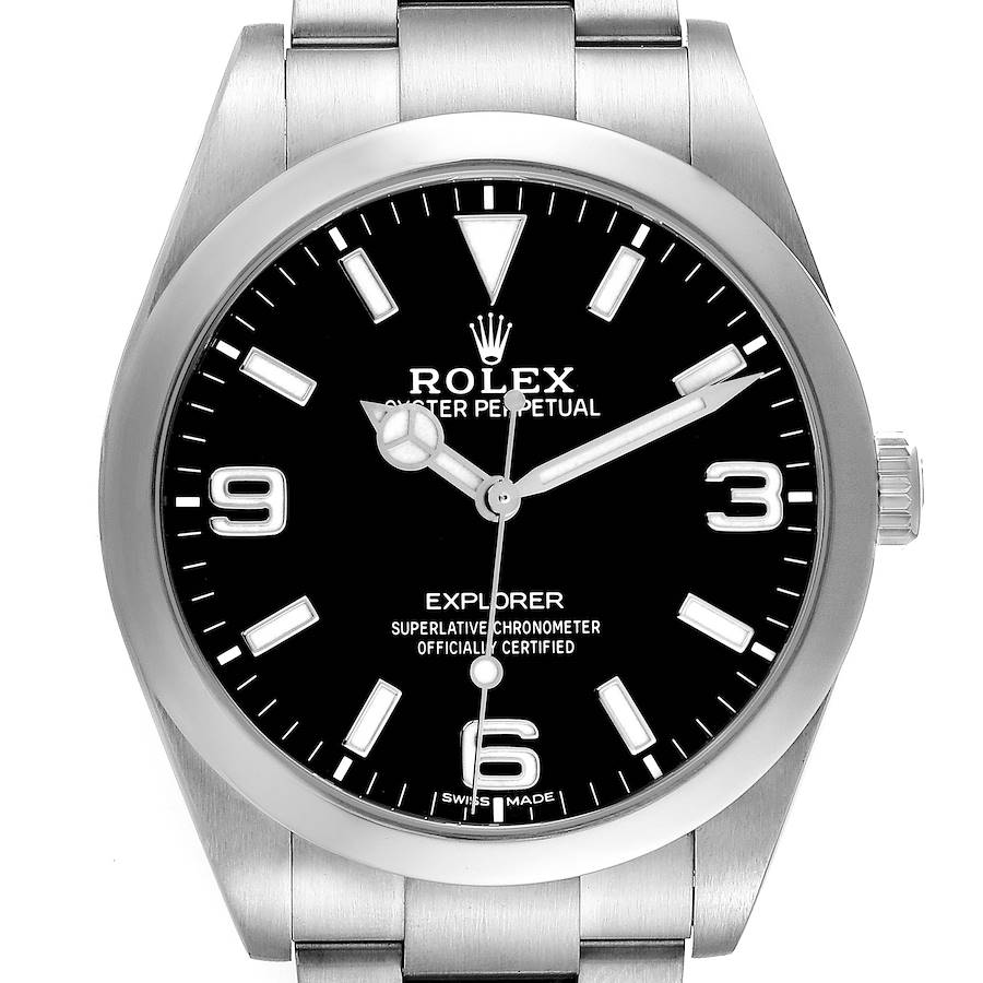 The image shows a front view of a Rolex Explorer watch, showcasing its face, hands, and part of the bracelet.