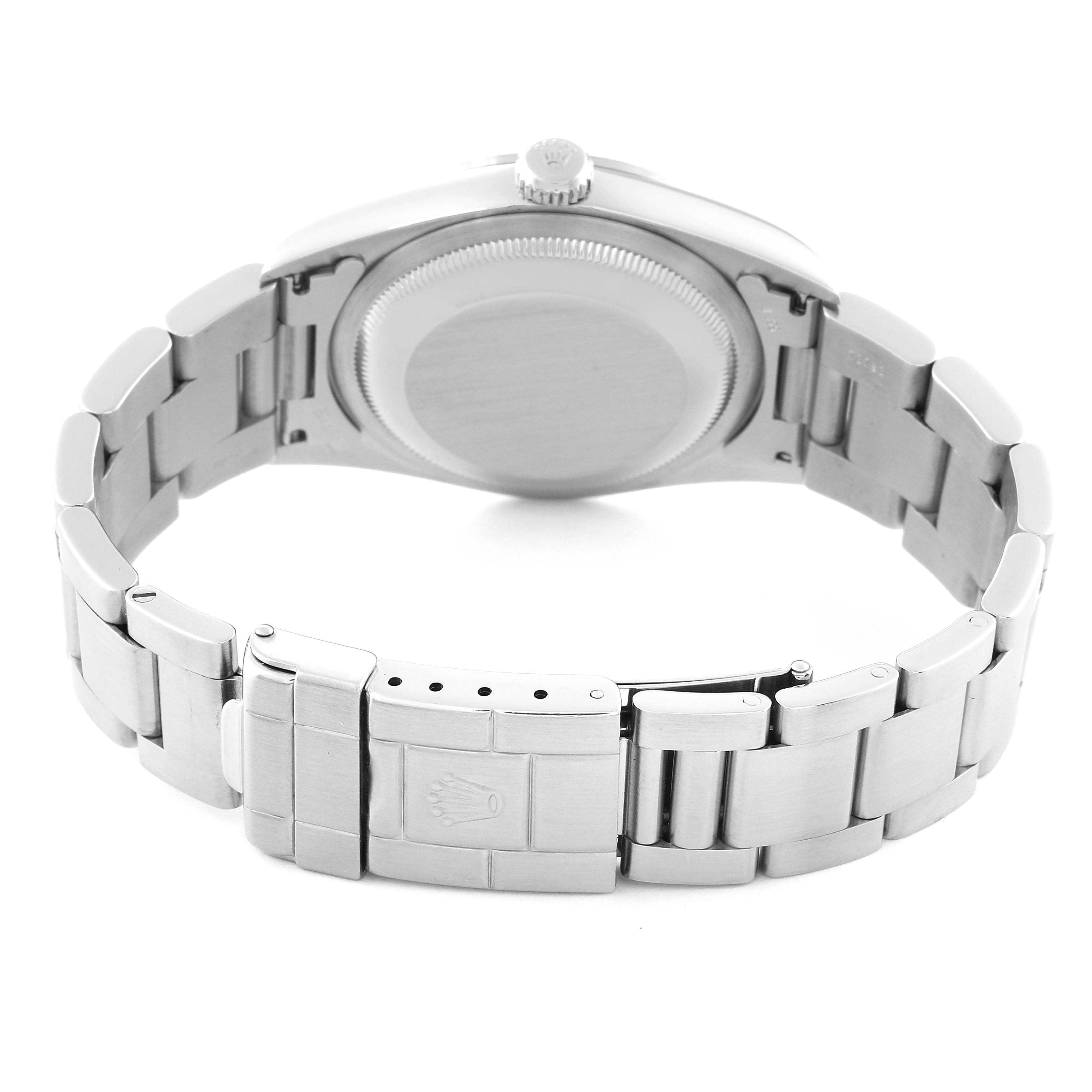 The image shows the back view of a Rolex Explorer 14270 Men
s Stainless Steel Black Dial 14270 Men
s Stainless Steel Black Dial watch, focusing on the case back and stainless steel bracelet with clasp.