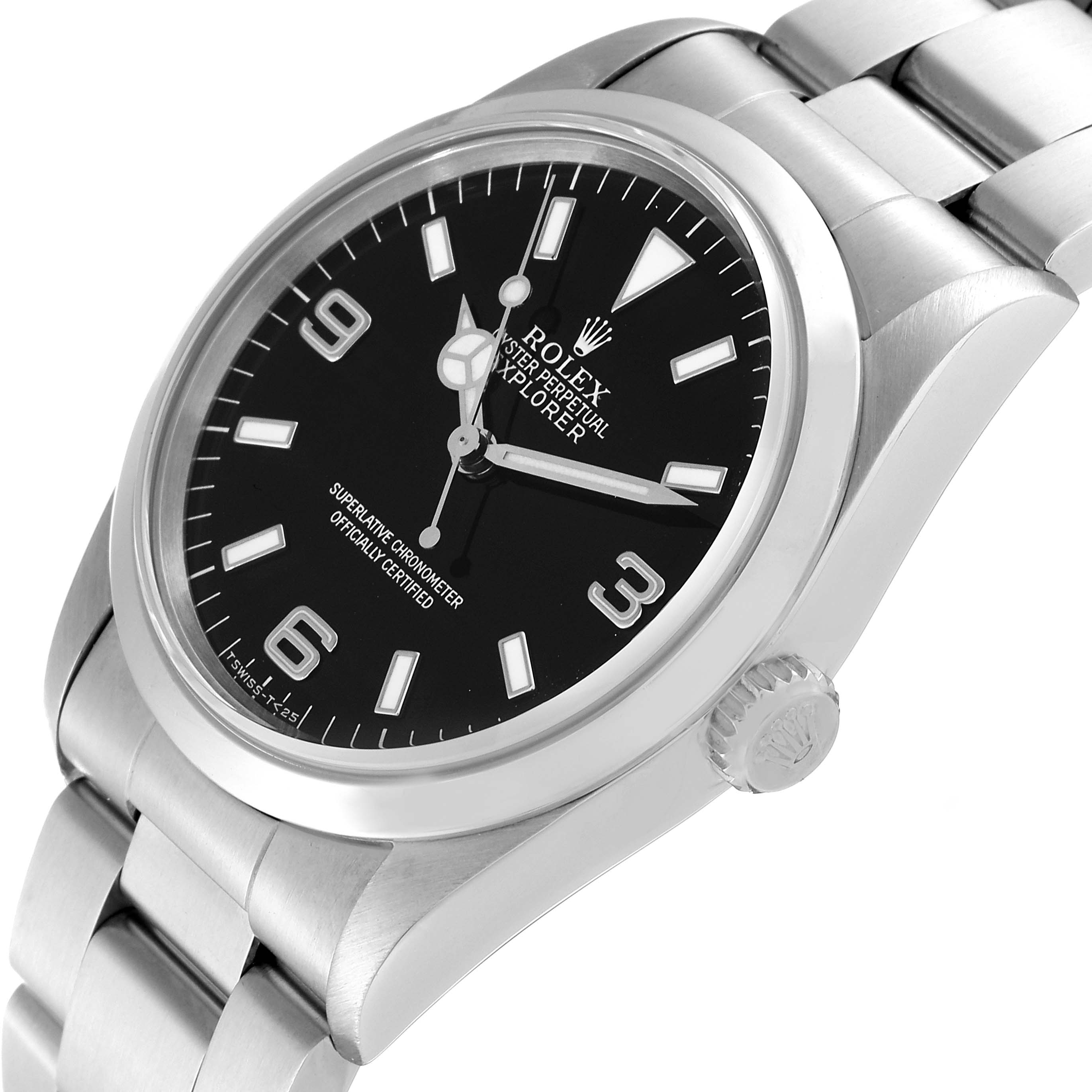 The image displays a Rolex Explorer 14270 Men
s Stainless Steel Black Dial 14270 Men
s Stainless Steel Black Dial watch at an angled view, highlighting its black dial, crown, and metal bracelet.