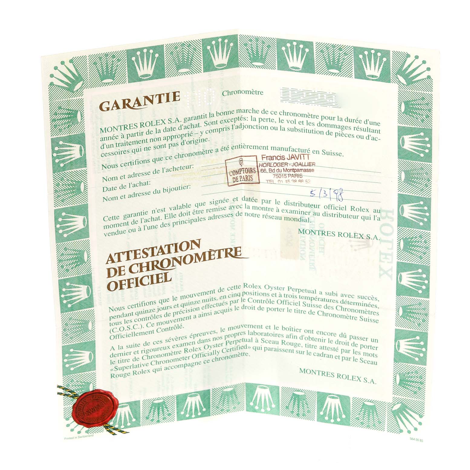 The image shows a warranty certificate for a Rolex Explorer 14270 Men
s Stainless Steel Black Dial 14270 Men
s Stainless Steel Black Dial watch, featuring the brand
s logo and official seal.