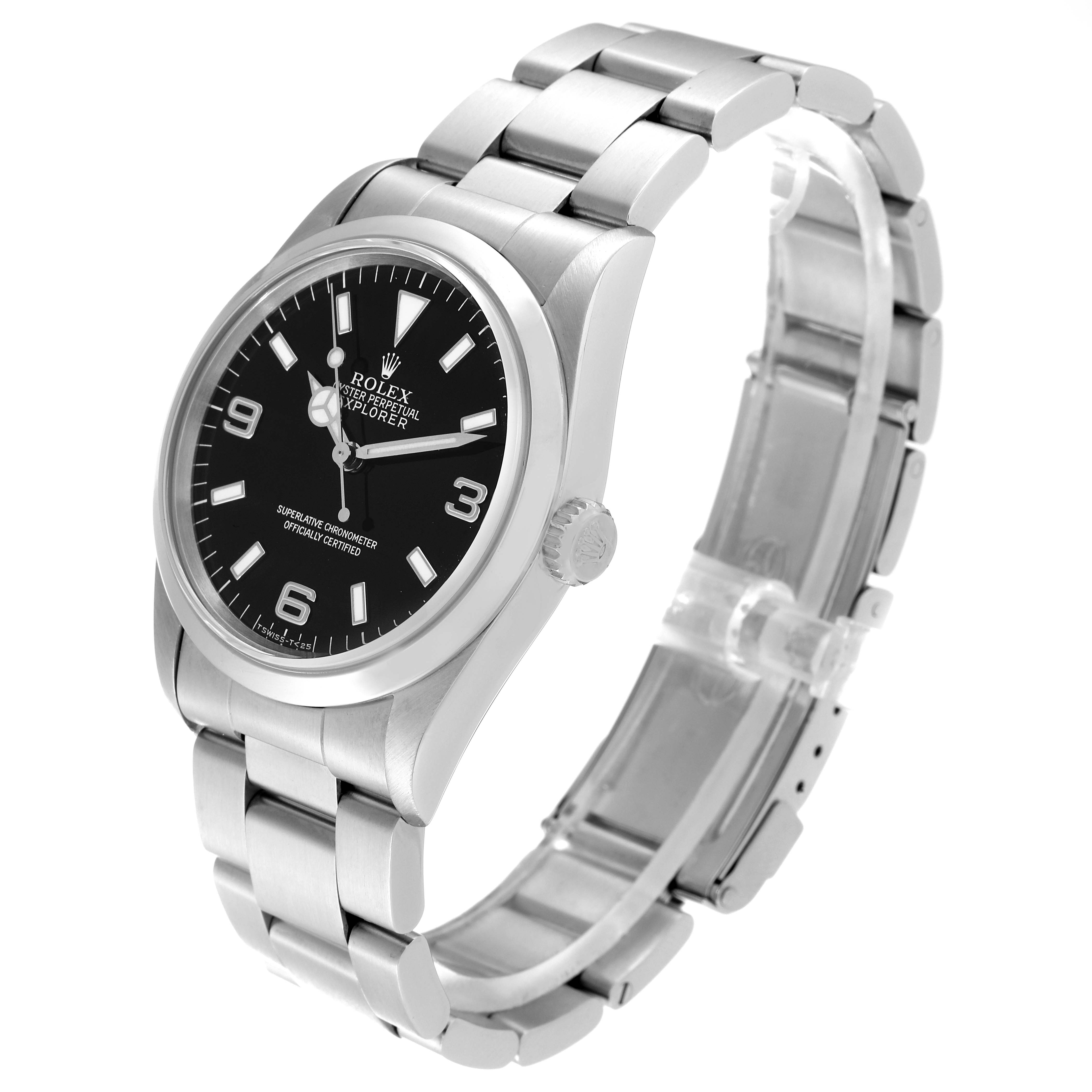 The image shows a side view of the Rolex Explorer 14270 Men
s Stainless Steel Black Dial 14270 Men
s Stainless Steel Black Dial watch, highlighting the face, bezel, crown, and bracelet.