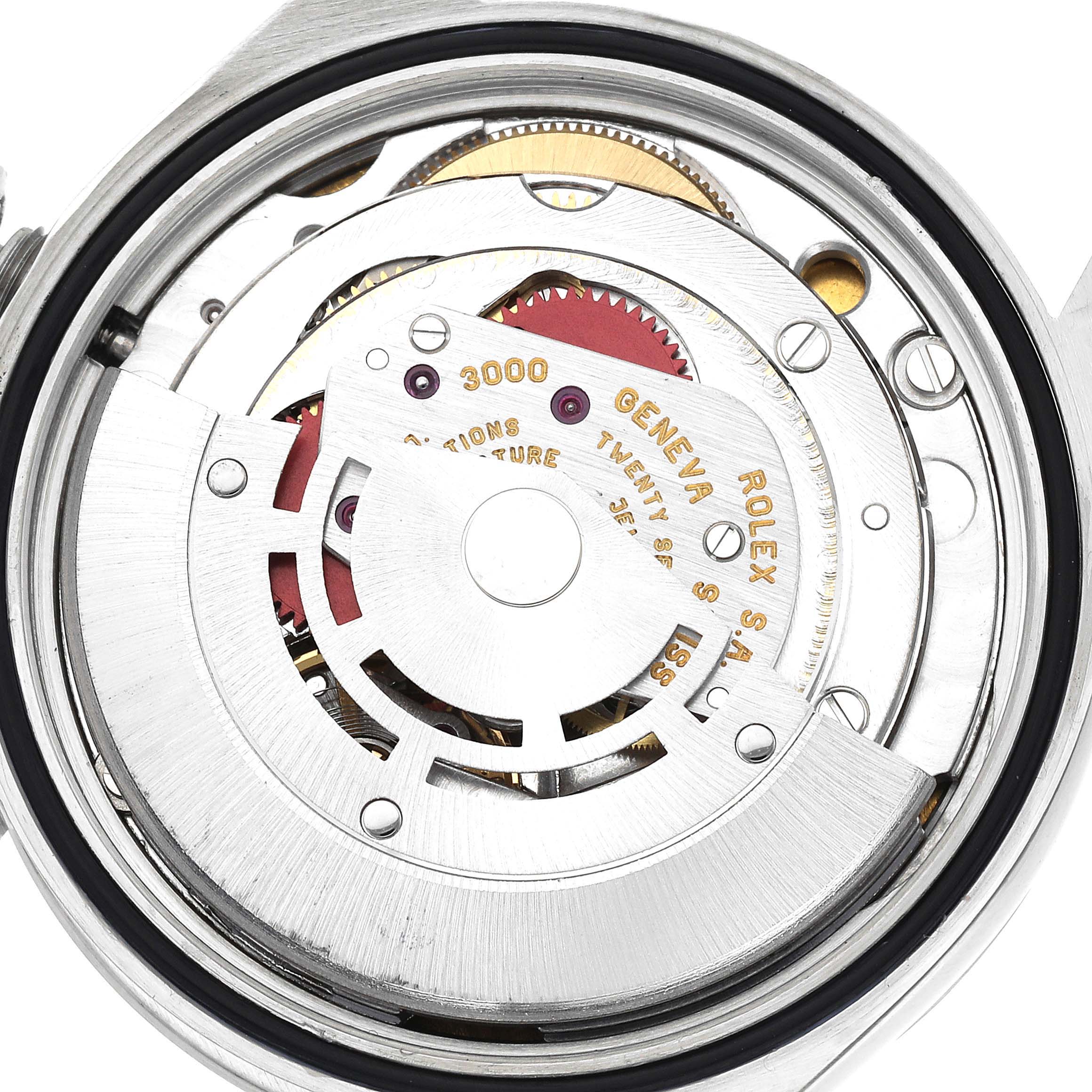 This is an internal view showing the movement mechanism of a Rolex Explorer 14270 Men
s Stainless Steel Black Dial 14270 Men
s Stainless Steel Black Dial watch from the back.