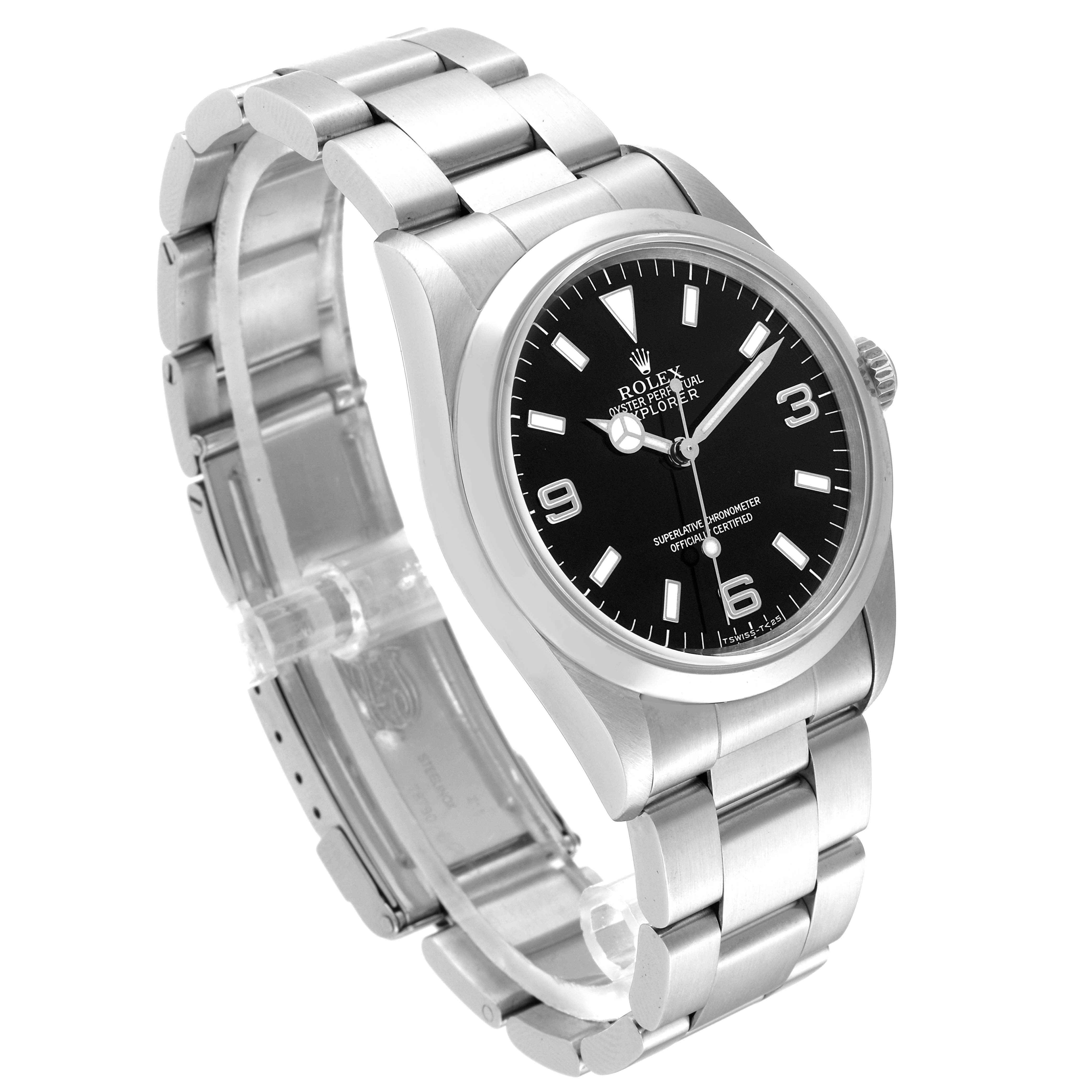 The image shows a side angle of a Rolex Explorer 14270 Men
s Stainless Steel Black Dial 14270 Men
s Stainless Steel Black Dial watch, highlighting its black dial, stainless steel case, and bracelet.