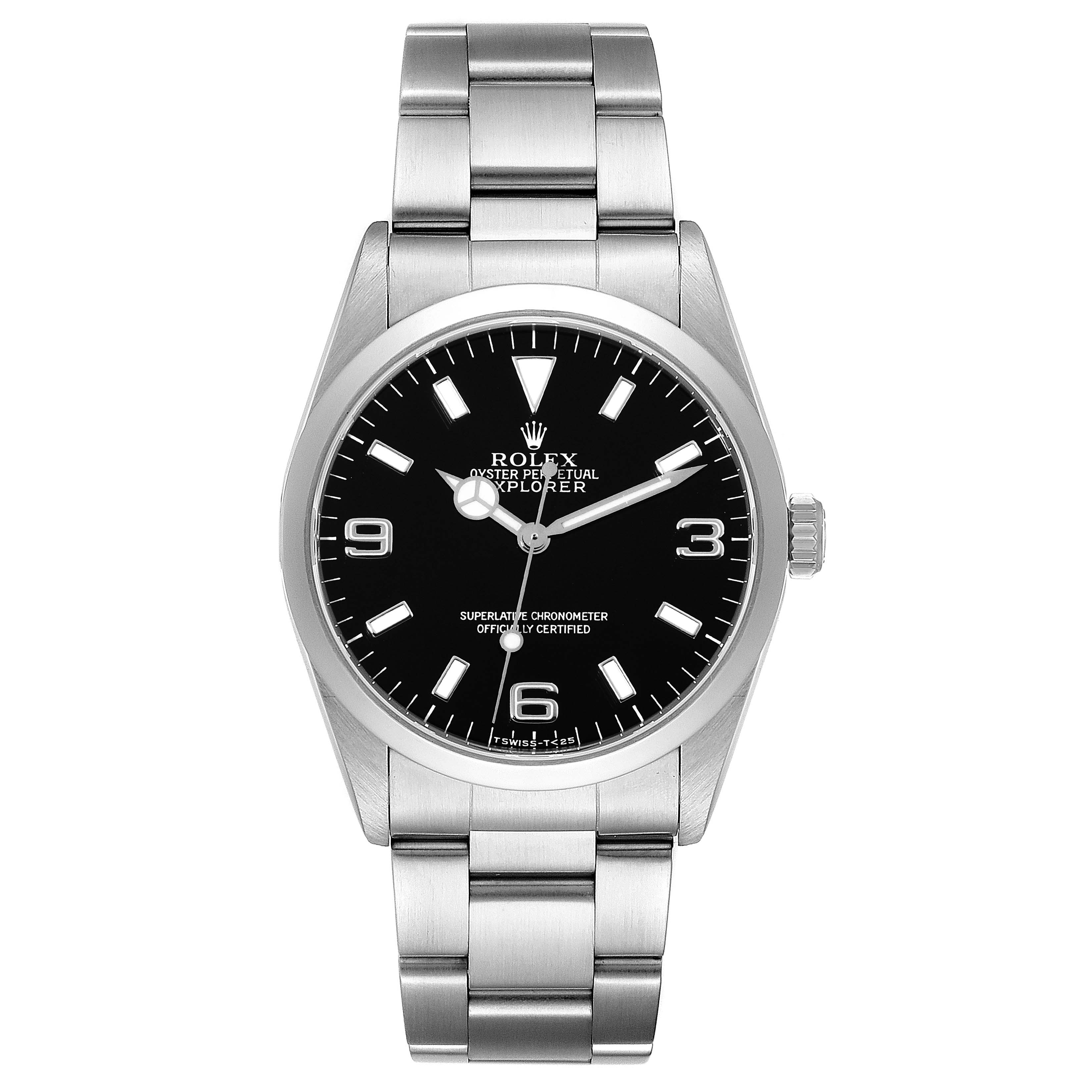 The image shows a front view of the Rolex Explorer 14270 Men
s Stainless Steel Black Dial 14270 Men
s Stainless Steel Black Dial watch, displaying its black dial, hands, numerals, and silver bracelet.