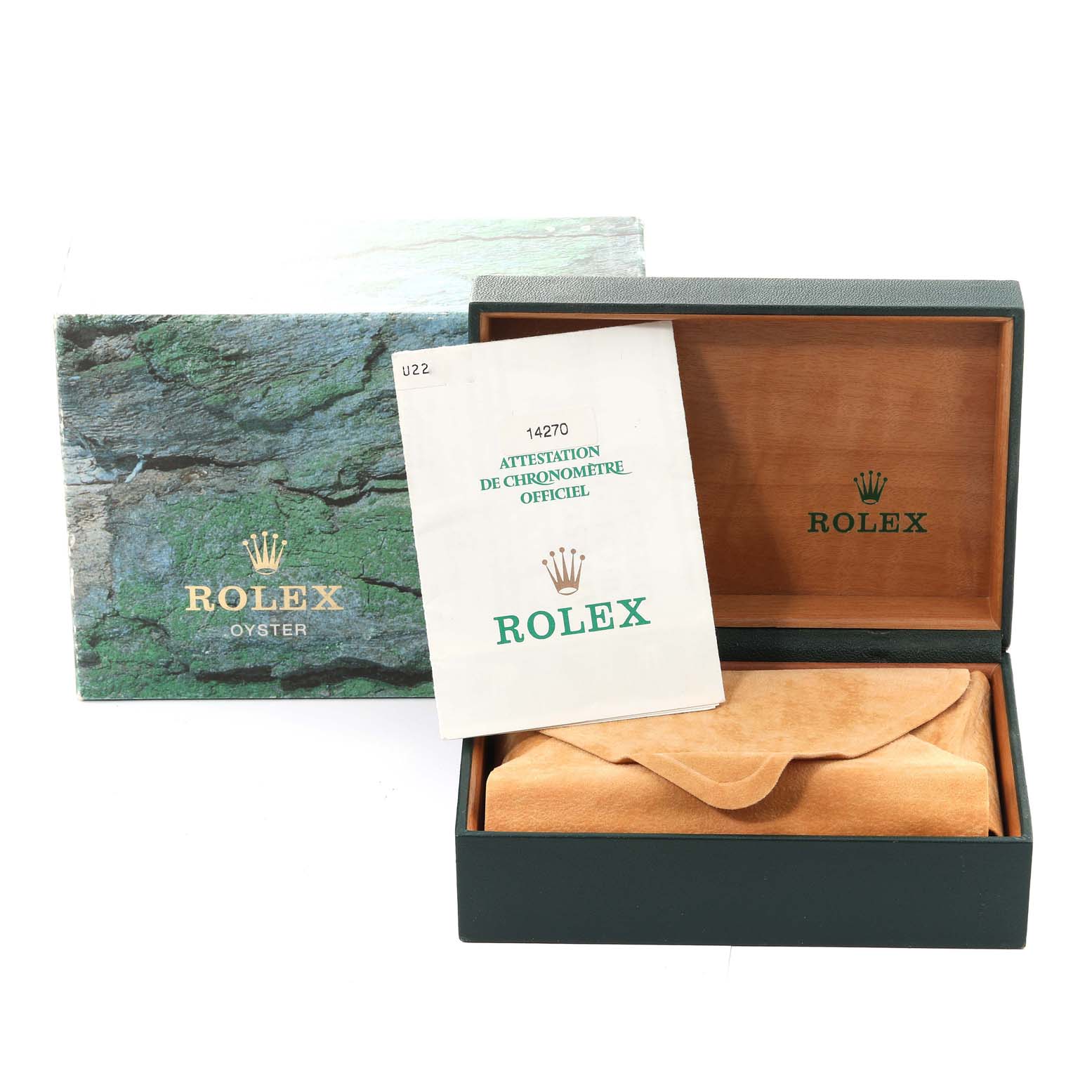 The image shows the packaging and documentation for a Rolex Explorer 14270 Men
s Stainless Steel Black Dial 14270 Men
s Stainless Steel Black Dial watch, including a green box and official certificate.