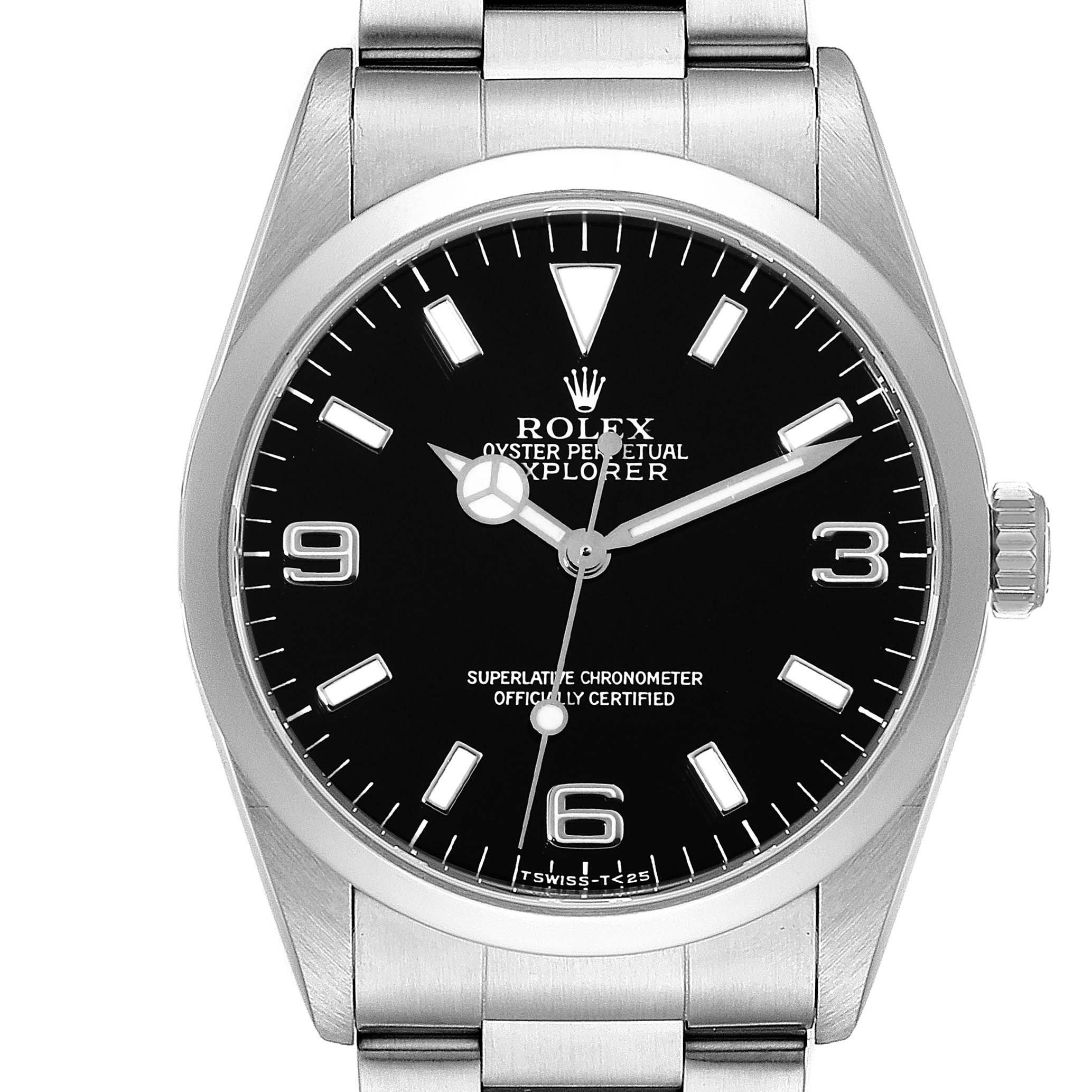 The image shows a front view of a Rolex Explorer 14270 Men
s Stainless Steel Black Dial 14270 Men
s Stainless Steel Black Dial watch, displaying its face, bezel, crown, and part of the bracelet.