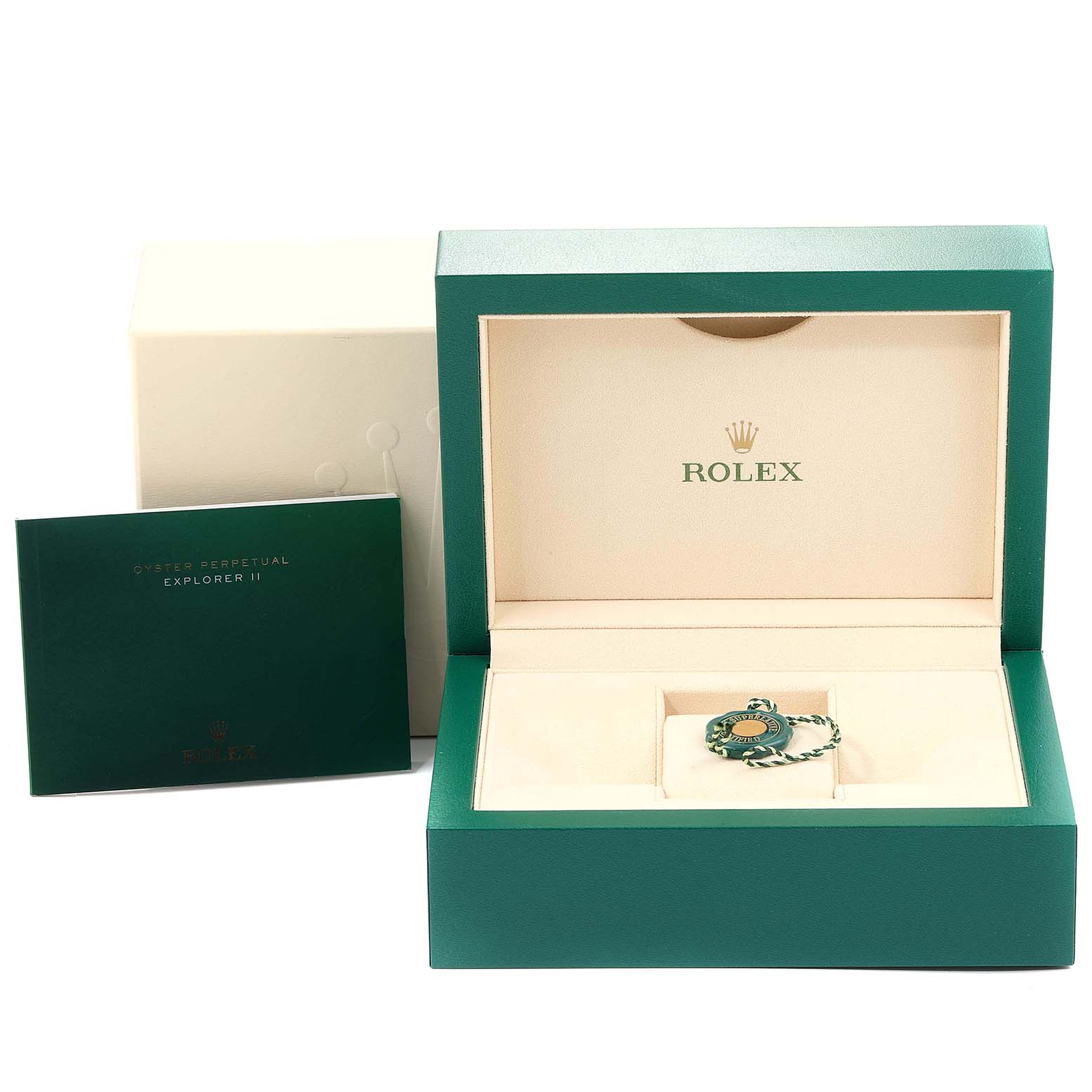 The image shows the open box, tag, and manual for a Rolex Explorer 216570 Men
s Stainless Steel Black Dial 216570 Men
s Stainless Steel Black Dial watch, viewed from the front.