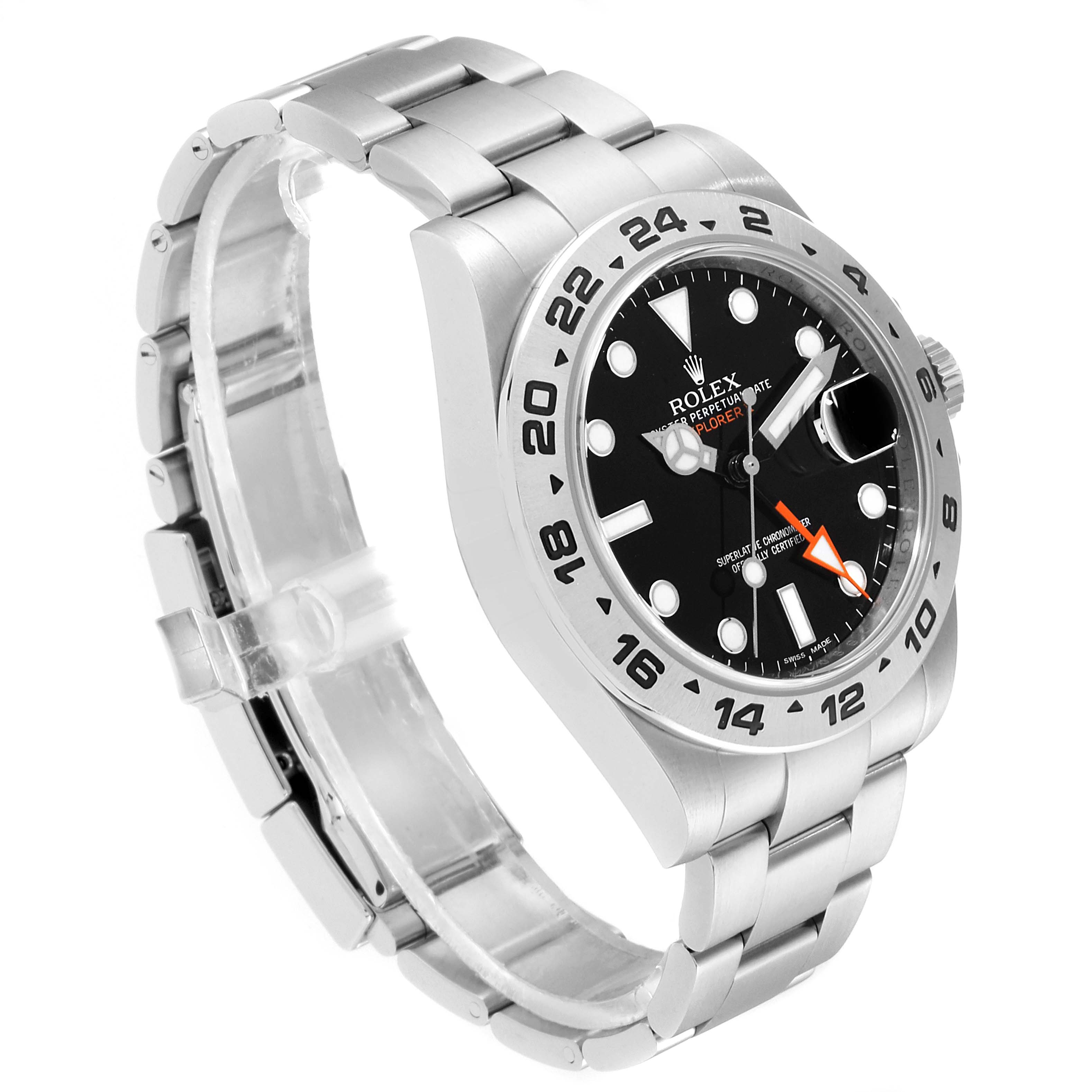 The image shows a Rolex Explorer 216570 Men
s Stainless Steel Black Dial 216570 Men
s Stainless Steel Black Dial watch from an angled side view, highlighting the face, bezel, crown, and stainless steel bracelet.