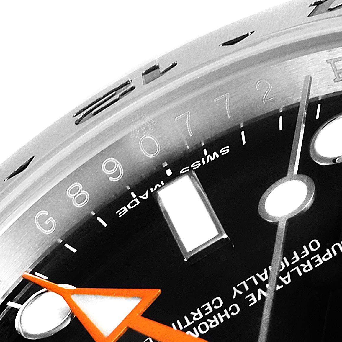 This close-up image shows the dial, part of the bezel, and the minute hand of a Rolex Explorer 216570 Men
s Stainless Steel Black Dial 216570 Men
s Stainless Steel Black Dial watch.