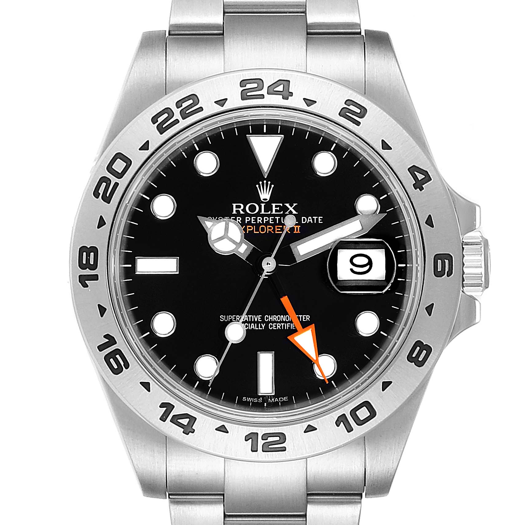 The image shows a front view of a Rolex Explorer 216570 Men
s Stainless Steel Black Dial 216570 Men
s Stainless Steel Black Dial watch, highlighting its black dial, date window, and 24-hour bezel.