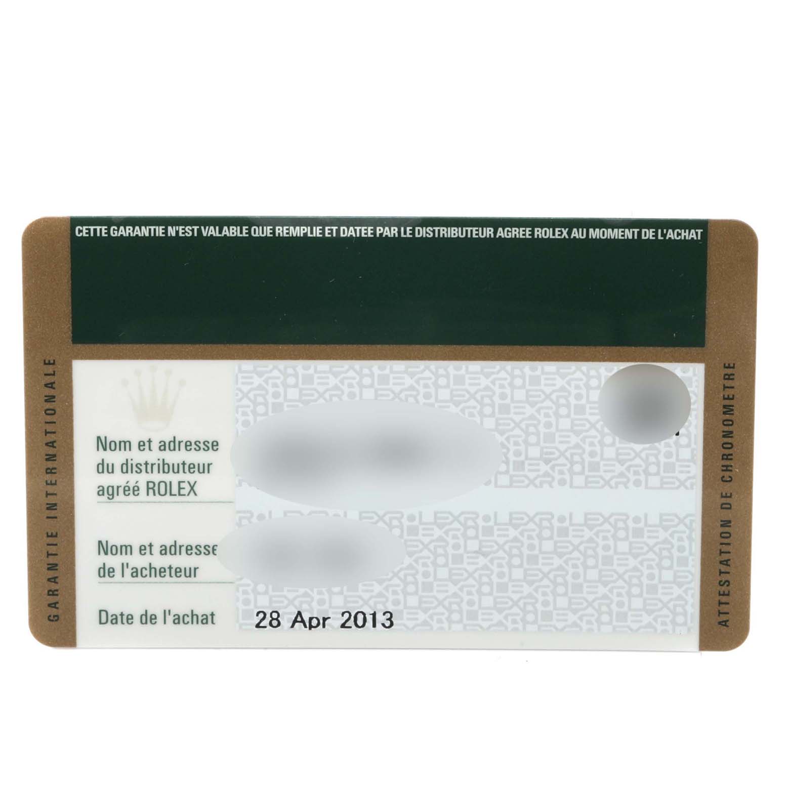 This image shows the international warranty card for the Rolex Explorer 216570 Men
s Stainless Steel Black Dial 216570 Men
s Stainless Steel Black Dial watch, dated April 28, 2013.