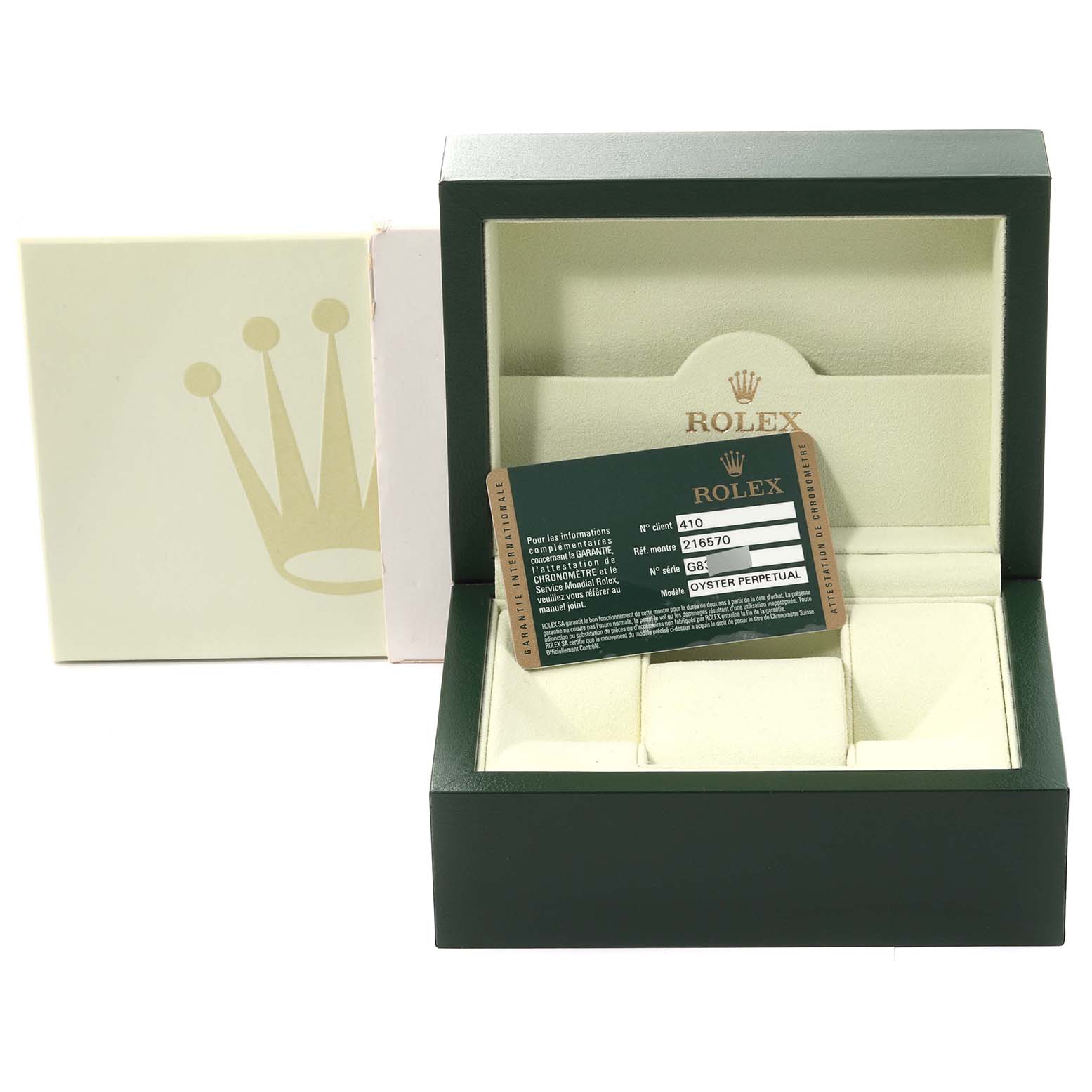 The image shows an open Rolex Explorer 216570 Men
s Stainless Steel Black Dial 216570 Men
s Stainless Steel Black Dial watch box with its Best Quality
ity card displayed inside.