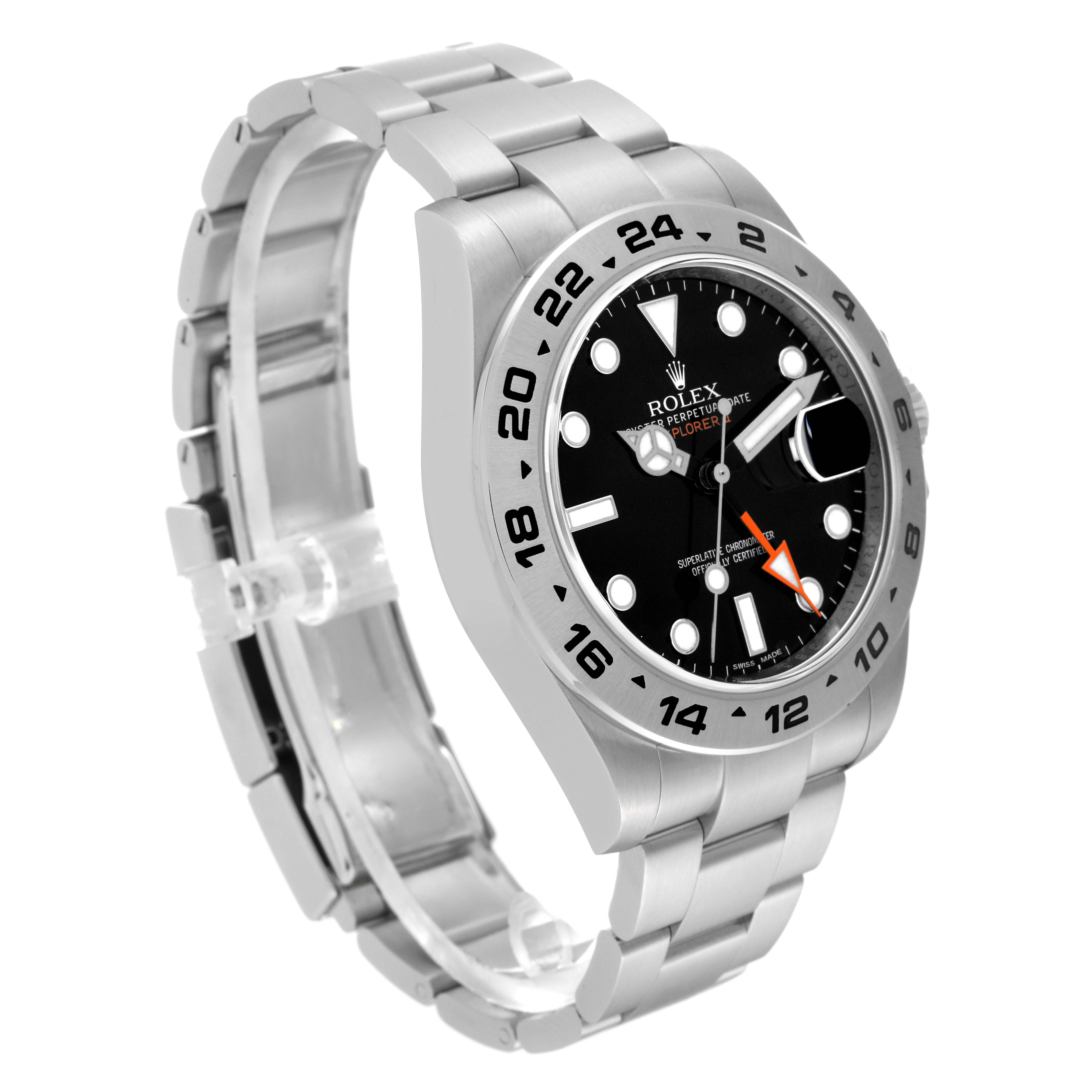 The image shows a side angle of a Rolex Explorer 216570 Men
s Stainless Steel Black Dial 216570 Men
s Stainless Steel Black Dial watch displaying its face, bezel, and steel bracelet.