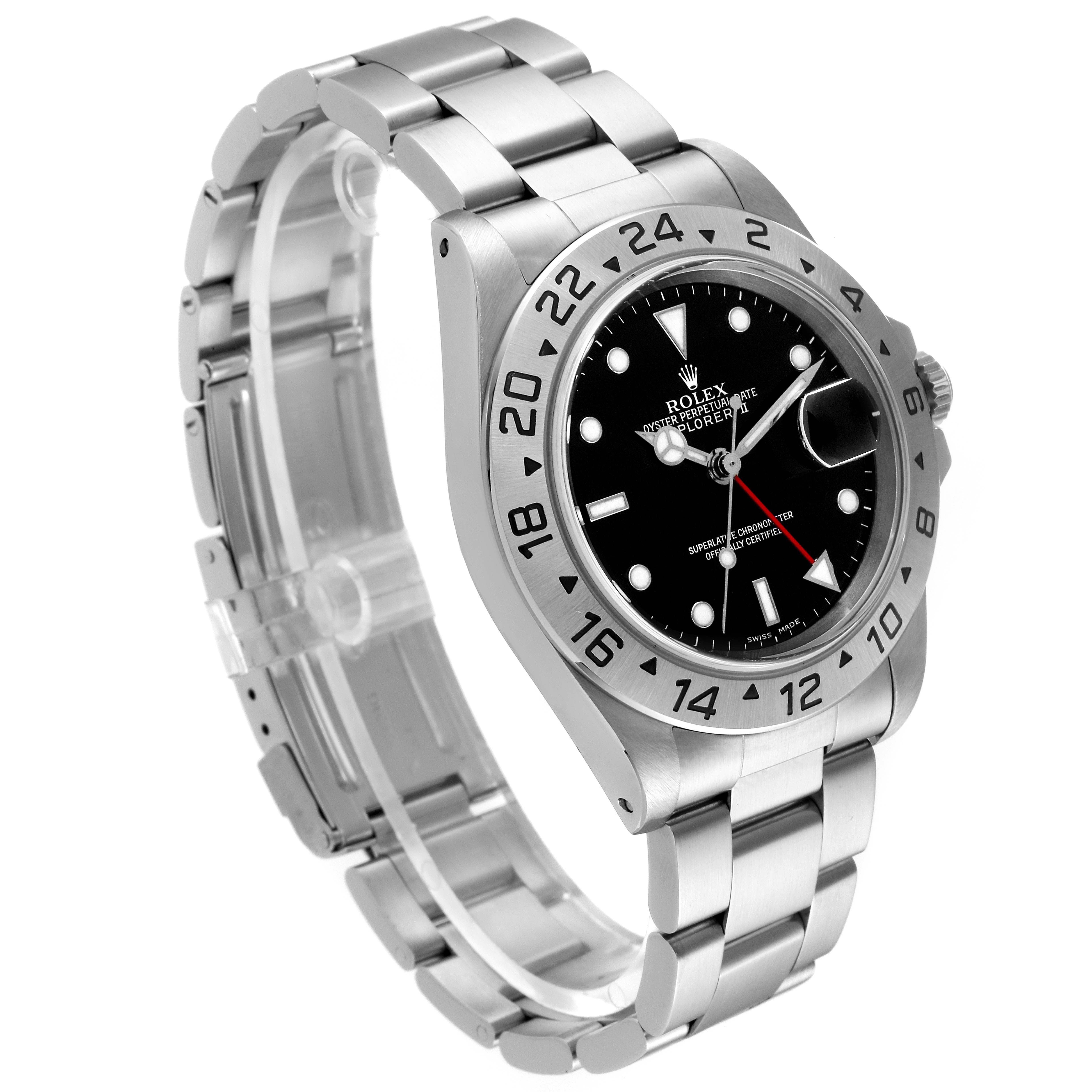 The image shows a Rolex Explorer 16570 Men's Stainless Steel Black Dial 16570 Men's Stainless Steel Black Dial watch at an angled side view, displaying the bracelet, bezel, crown, and dial.