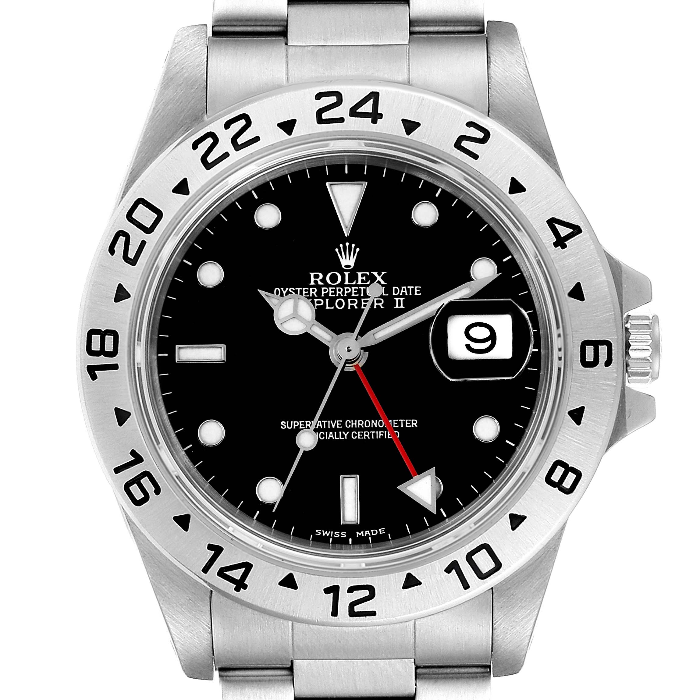 The image shows a front view of a Rolex Explorer 16570 Men's Stainless Steel Black Dial 16570 Men's Stainless Steel Black Dial watch, highlighting the dial, bezel, and bracelet.