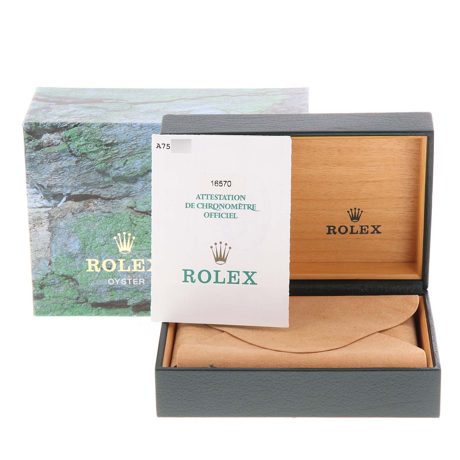 This image shows a Rolex Explorer 16570 Men's Stainless Steel Black Dial 16570 Men's Stainless Steel Black Dial watch box, an official chronometer certificate, and its packaging from a front angle.