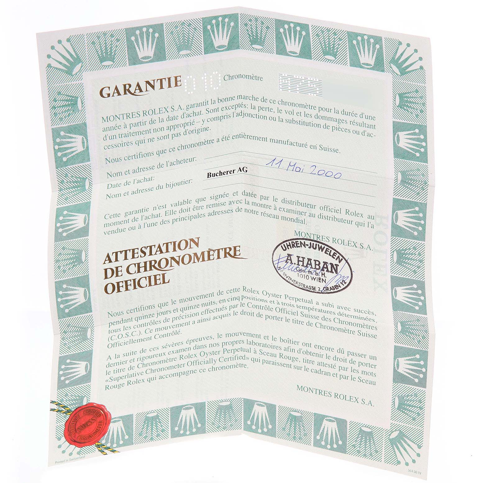 The image shows a warranty certificate for a Rolex Explorer 16570 Men's Stainless Steel Black Dial 16570 Men's Stainless Steel Black Dial watch, including official chronometer certification.