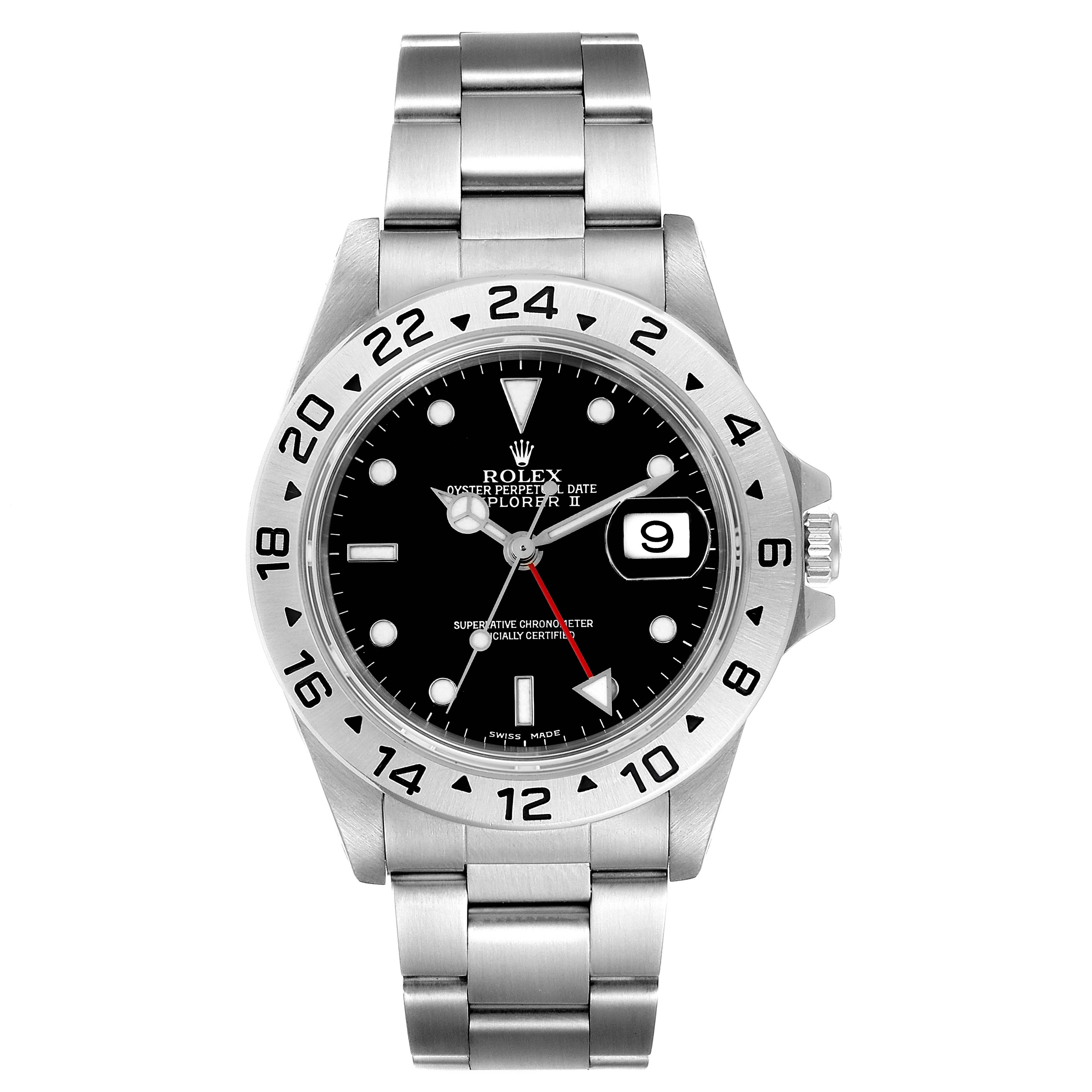 The image shows a front view of a Rolex Explorer 16570 Men's Stainless Steel Black Dial 16570 Men's Stainless Steel Black Dial watch, displaying its black dial, stainless steel bracelet, and date function.